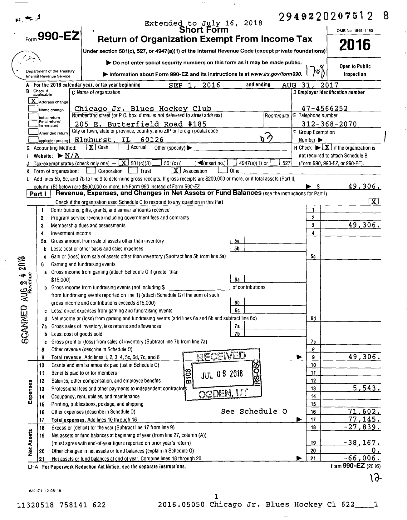 Image of first page of 2016 Form 990EZ for Amateur Athletic Union - Chicago Jr Blues Hockey Club