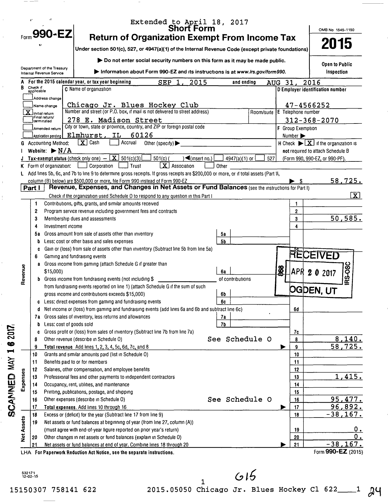 Image of first page of 2015 Form 990EZ for Amateur Athletic Union - Chicago Jr Blues Hockey Club