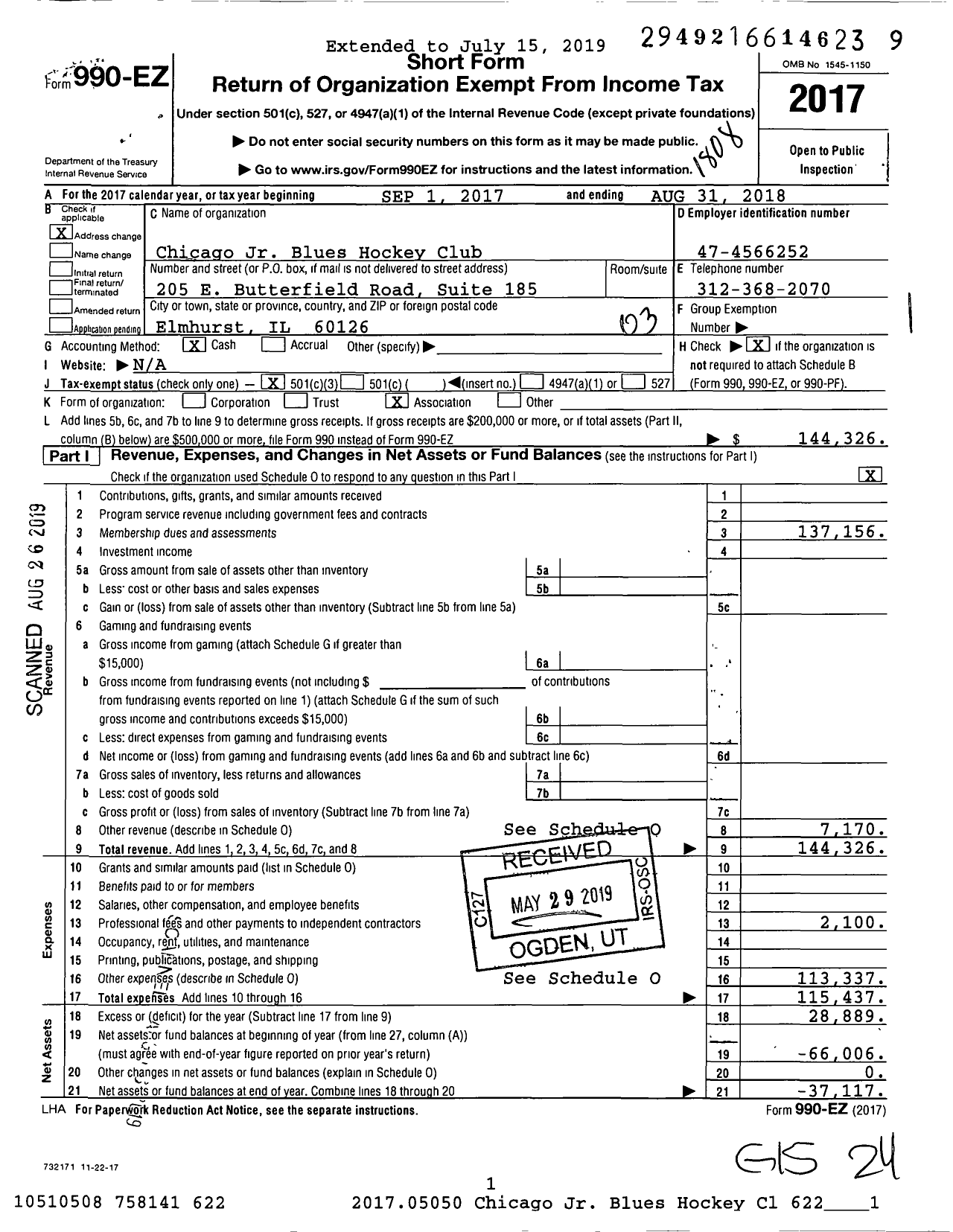 Image of first page of 2017 Form 990EZ for Amateur Athletic Union - Chicago Jr Blues Hockey Club