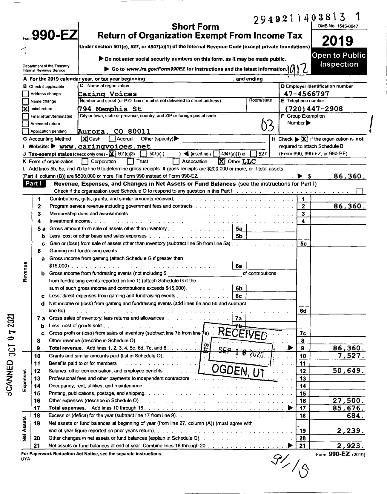 Image of first page of 2019 Form 990EZ for Caring Voices