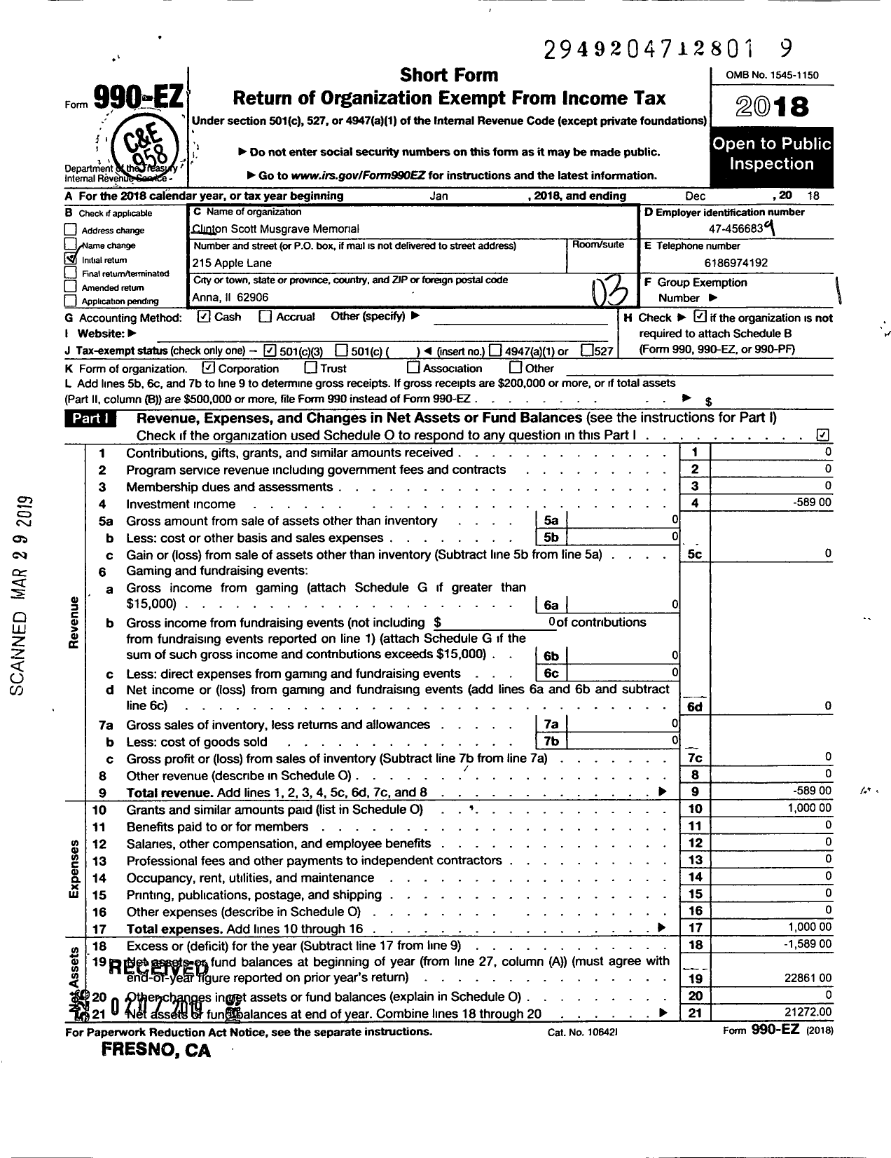 Image of first page of 2018 Form 990EZ for Clinton Scott Musgrave Memorial Fund