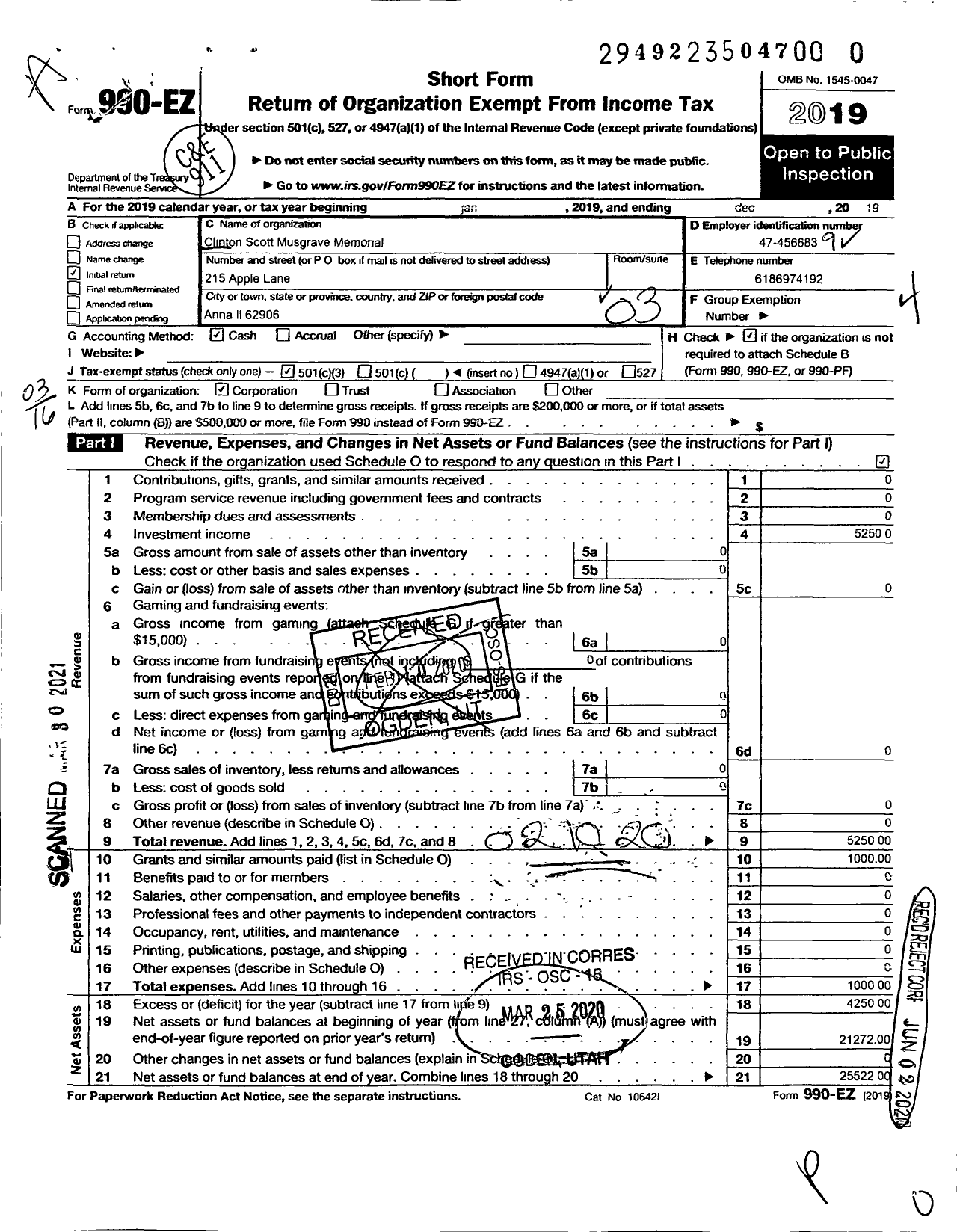 Image of first page of 2019 Form 990EZ for Clinton Scott Musgrave Memorial Fund