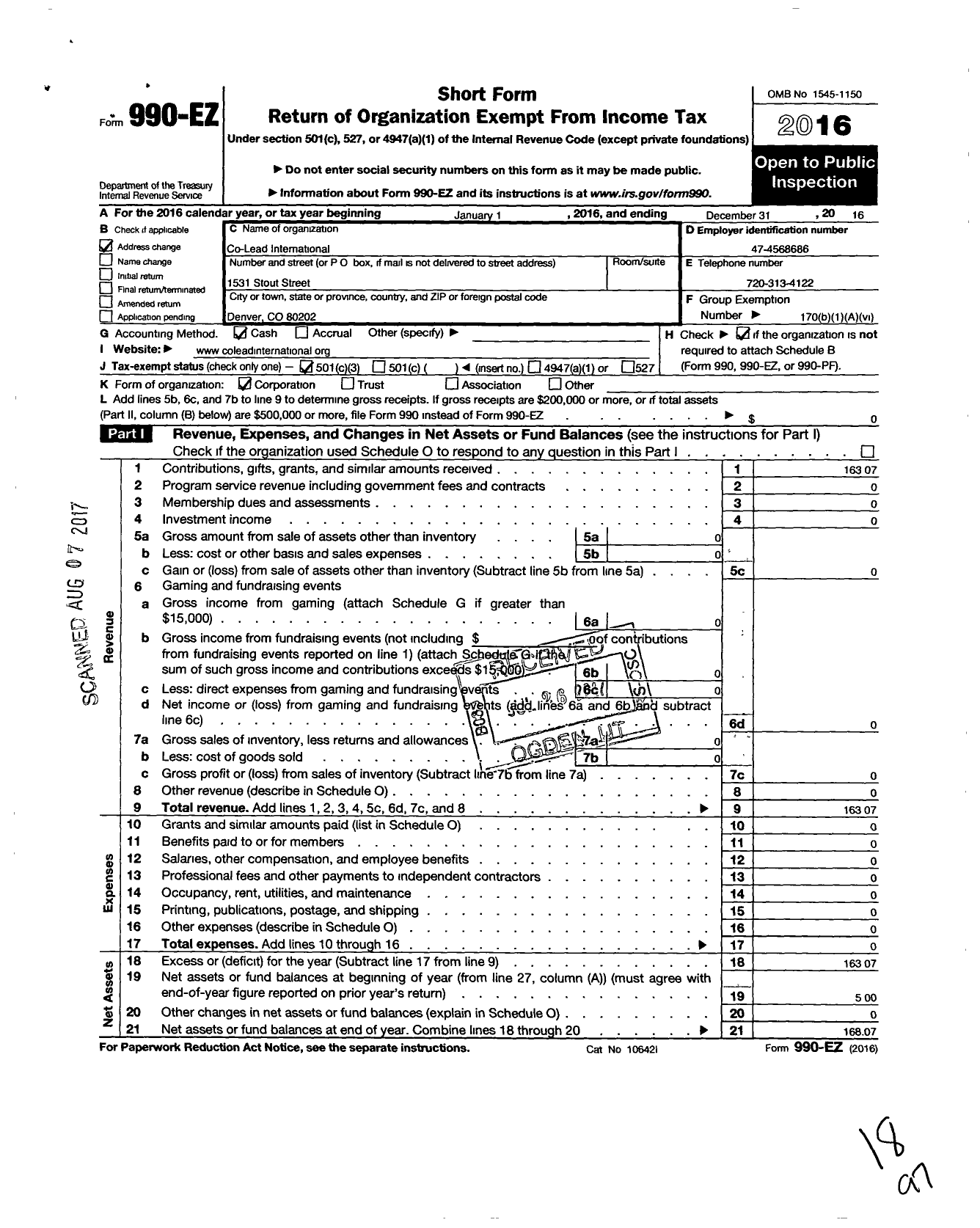 Image of first page of 2016 Form 990EZ for Co-Lead International (CLI)