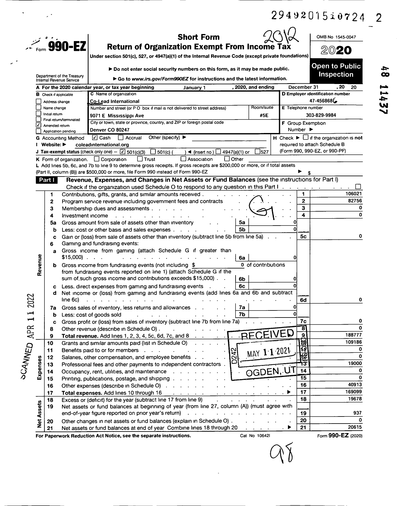 Image of first page of 2020 Form 990EZ for Co-Lead International (CLI)