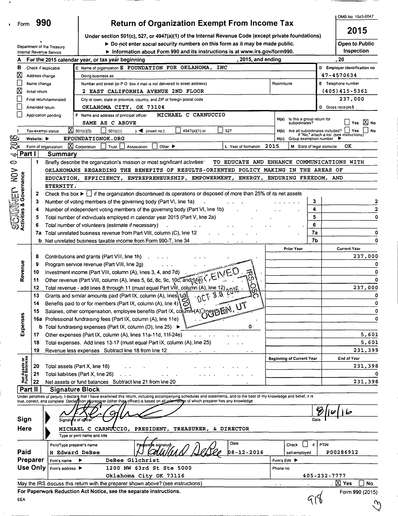 Image of first page of 2015 Form 990 for E Foundation for Oklahoma