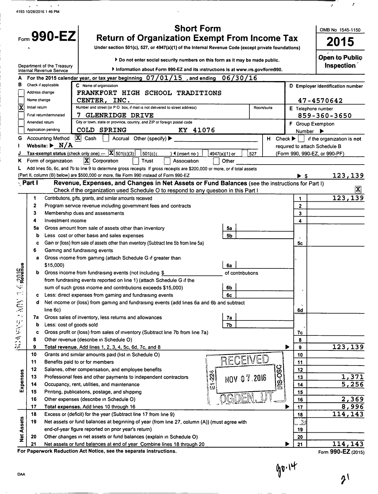 Image of first page of 2015 Form 990EZ for Frankfort High School Traditions Center