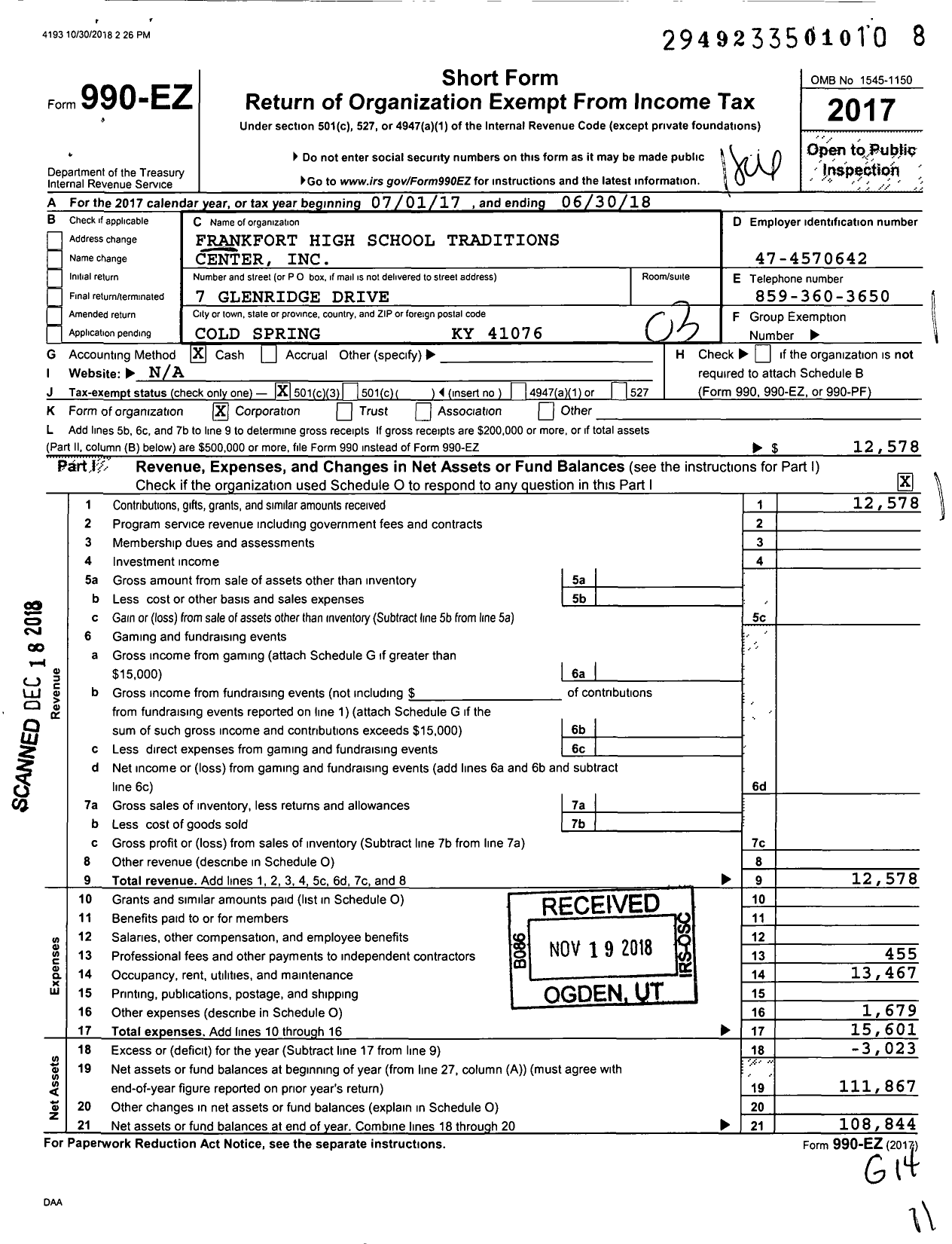 Image of first page of 2017 Form 990EZ for Frankfort High School Traditions Center