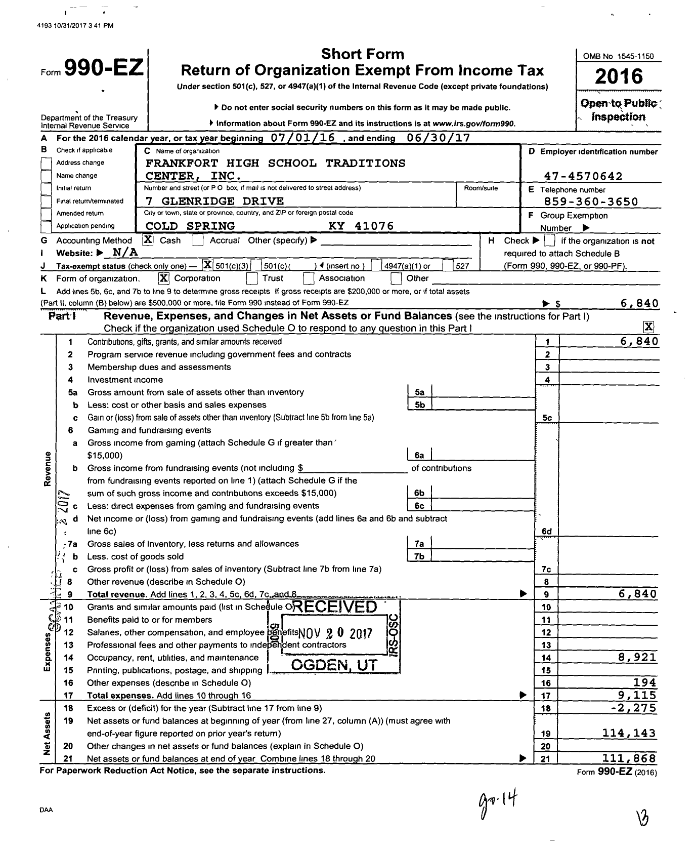 Image of first page of 2016 Form 990EZ for Frankfort High School Traditions Center