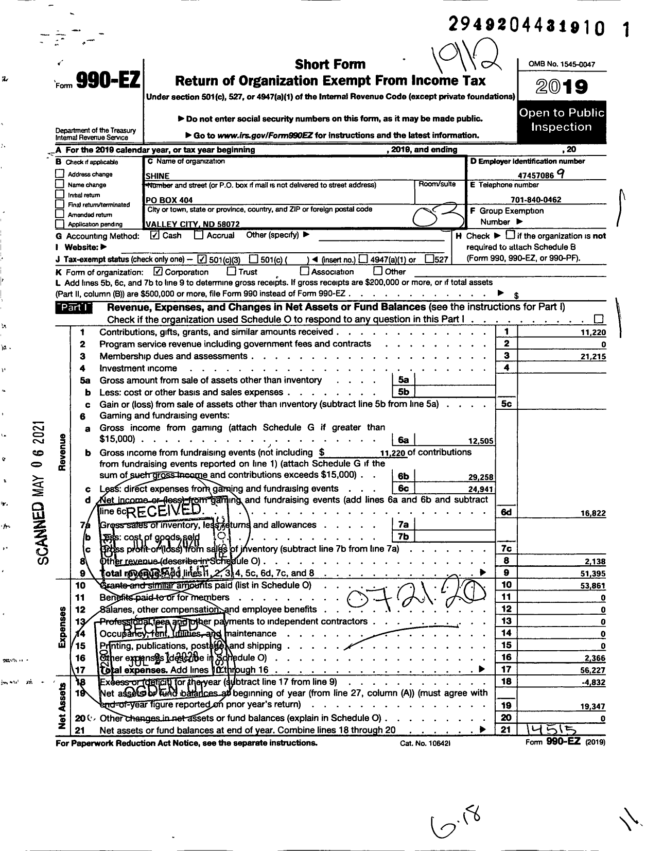 Image of first page of 2019 Form 990EZ for Shine