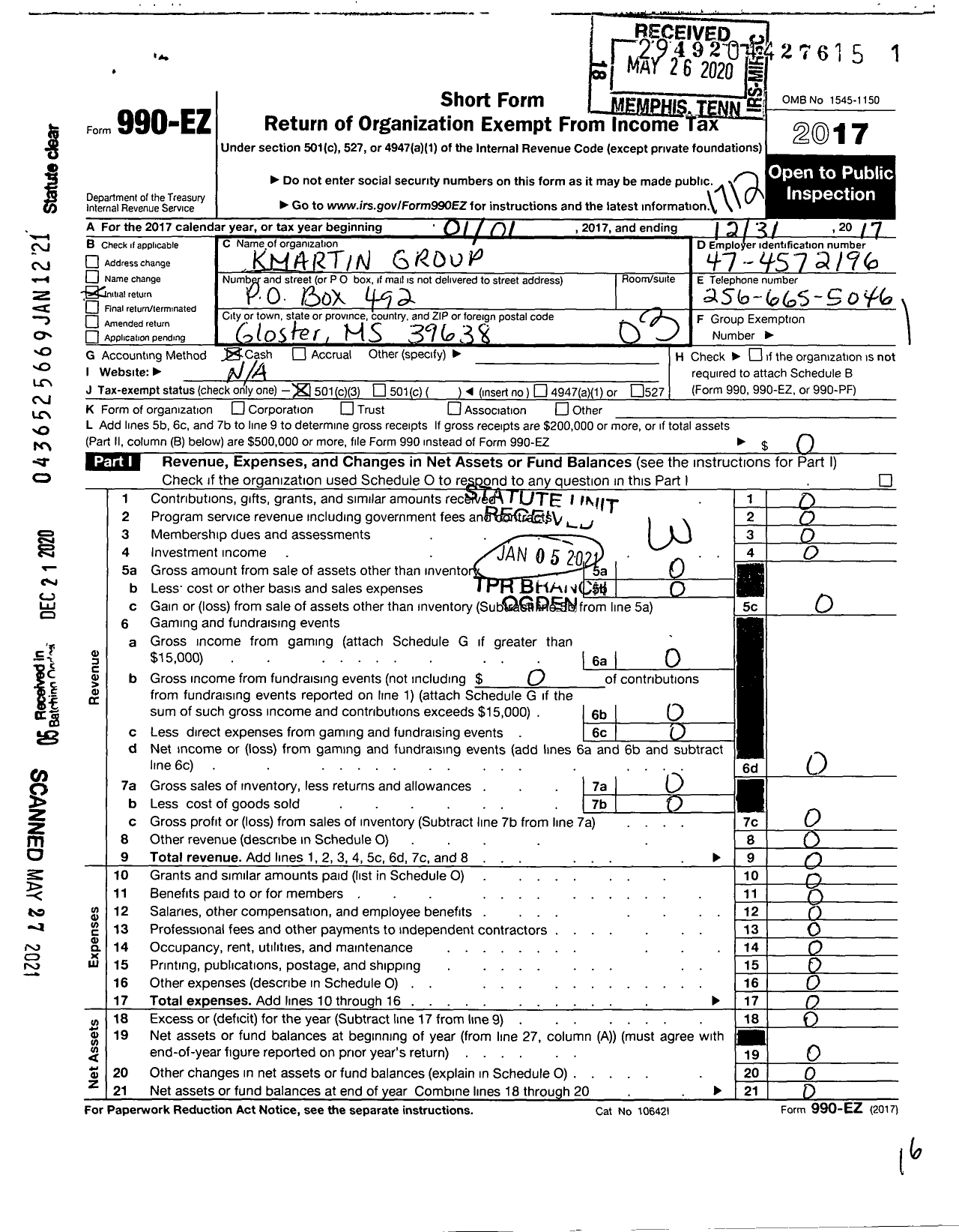 Image of first page of 2017 Form 990EZ for Kmartin Group