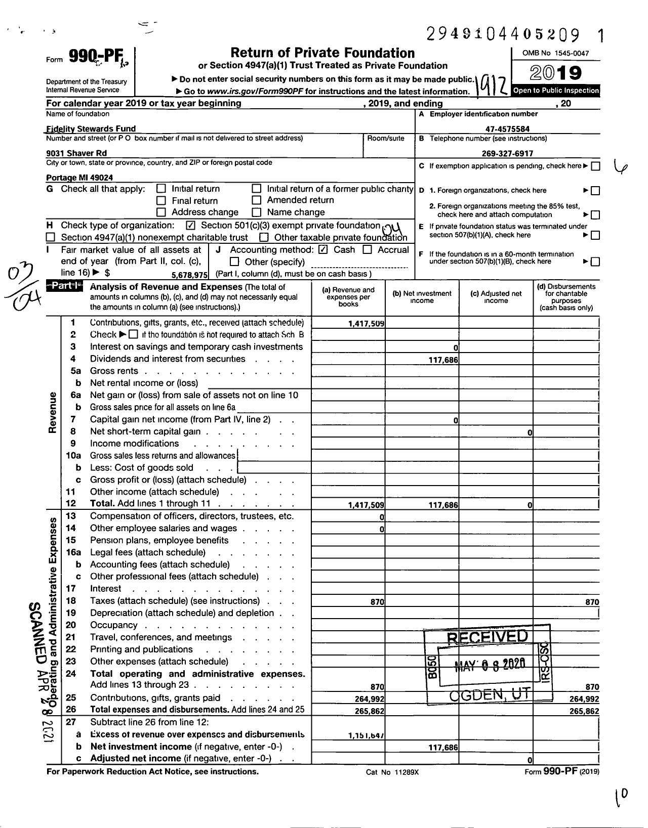 Image of first page of 2019 Form 990PF for Fidelity Stewards Fund