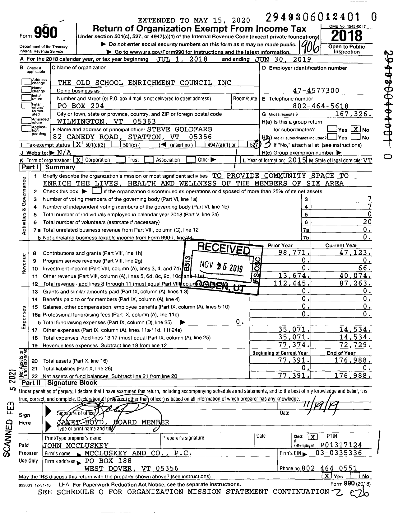 Image of first page of 2018 Form 990 for Old School Enrichment Council