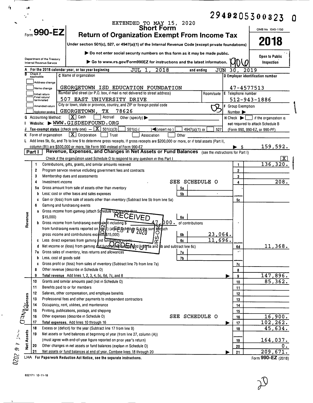 Image of first page of 2018 Form 990EZ for Georgetown Isd Education Foundation