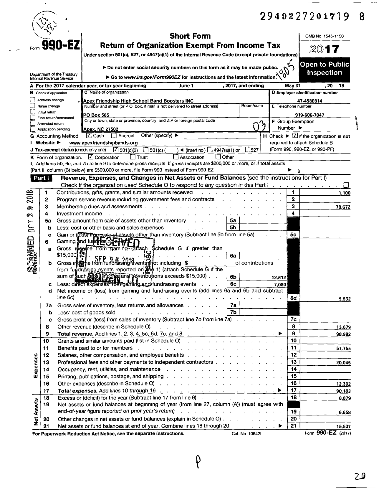 Image of first page of 2017 Form 990EZ for Apex Friendship High School Band Boosters