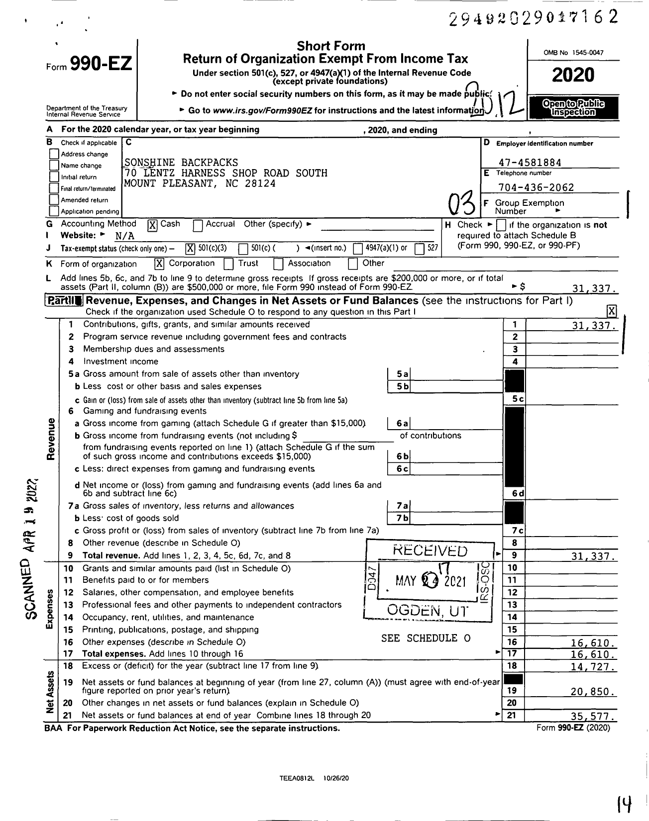 Image of first page of 2020 Form 990EZ for Sonshine Backpacks