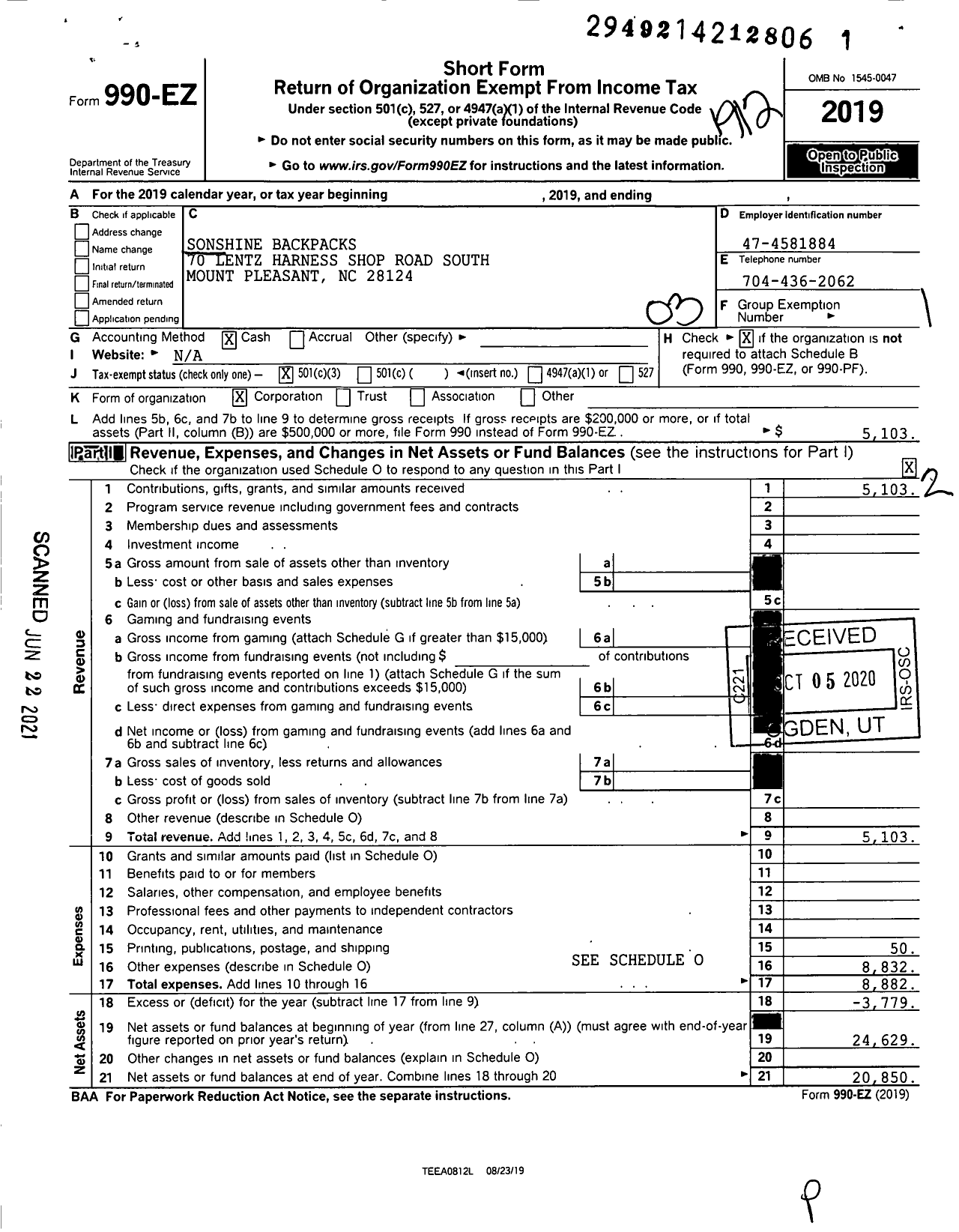 Image of first page of 2019 Form 990EZ for Sonshine Backpacks