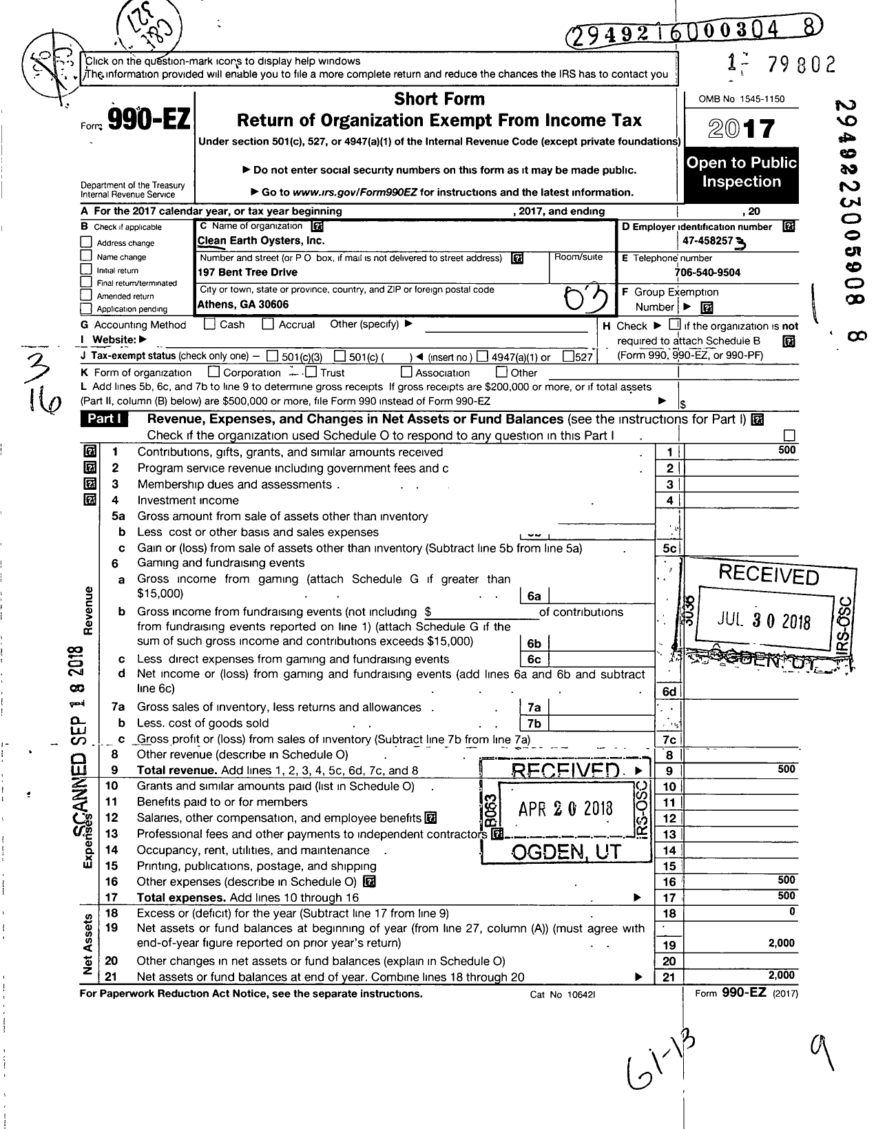 Image of first page of 2017 Form 990EZ for Clean Earth Oysters