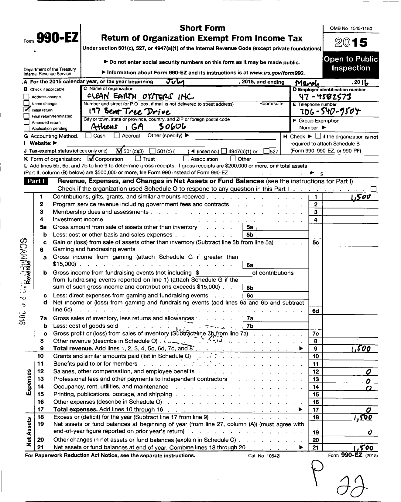 Image of first page of 2015 Form 990EZ for Clean Earth Oysters