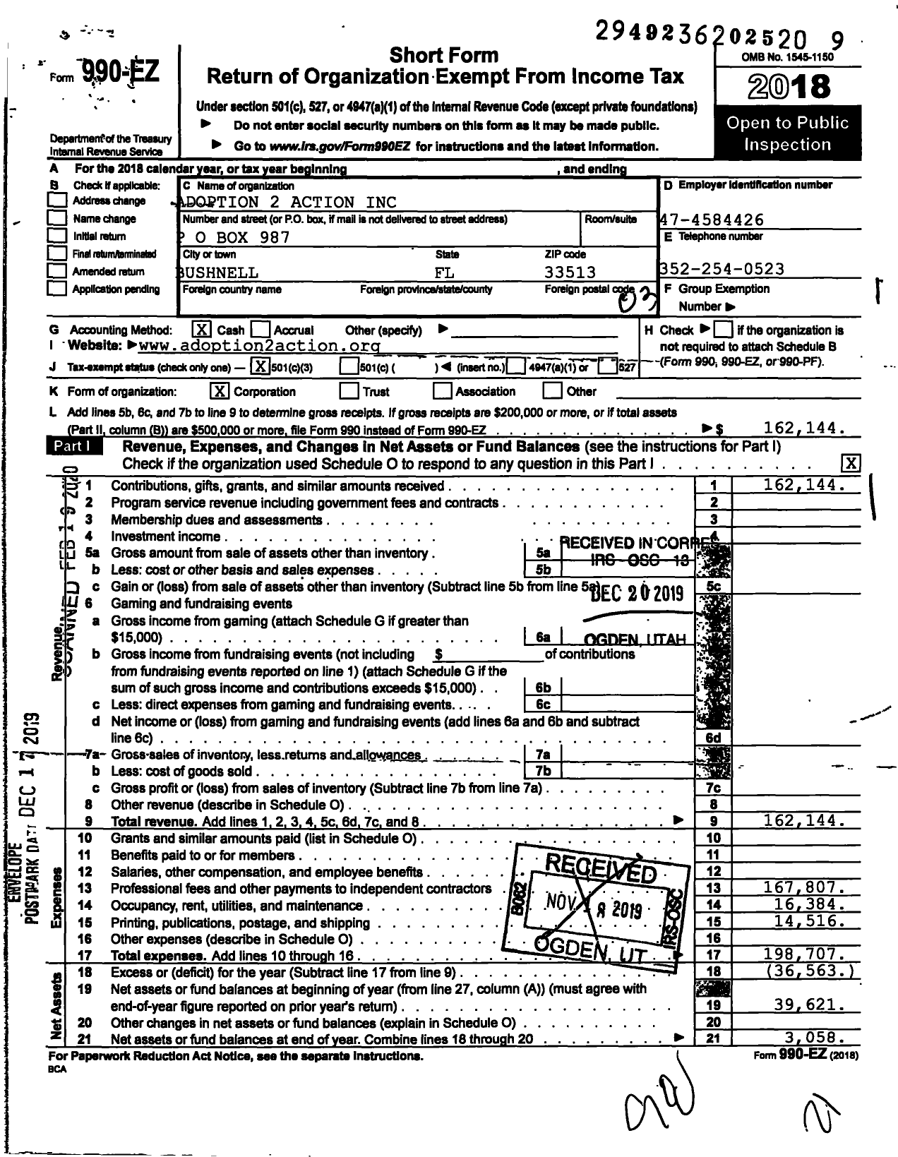 Image of first page of 2018 Form 990EZ for Adoption2Action