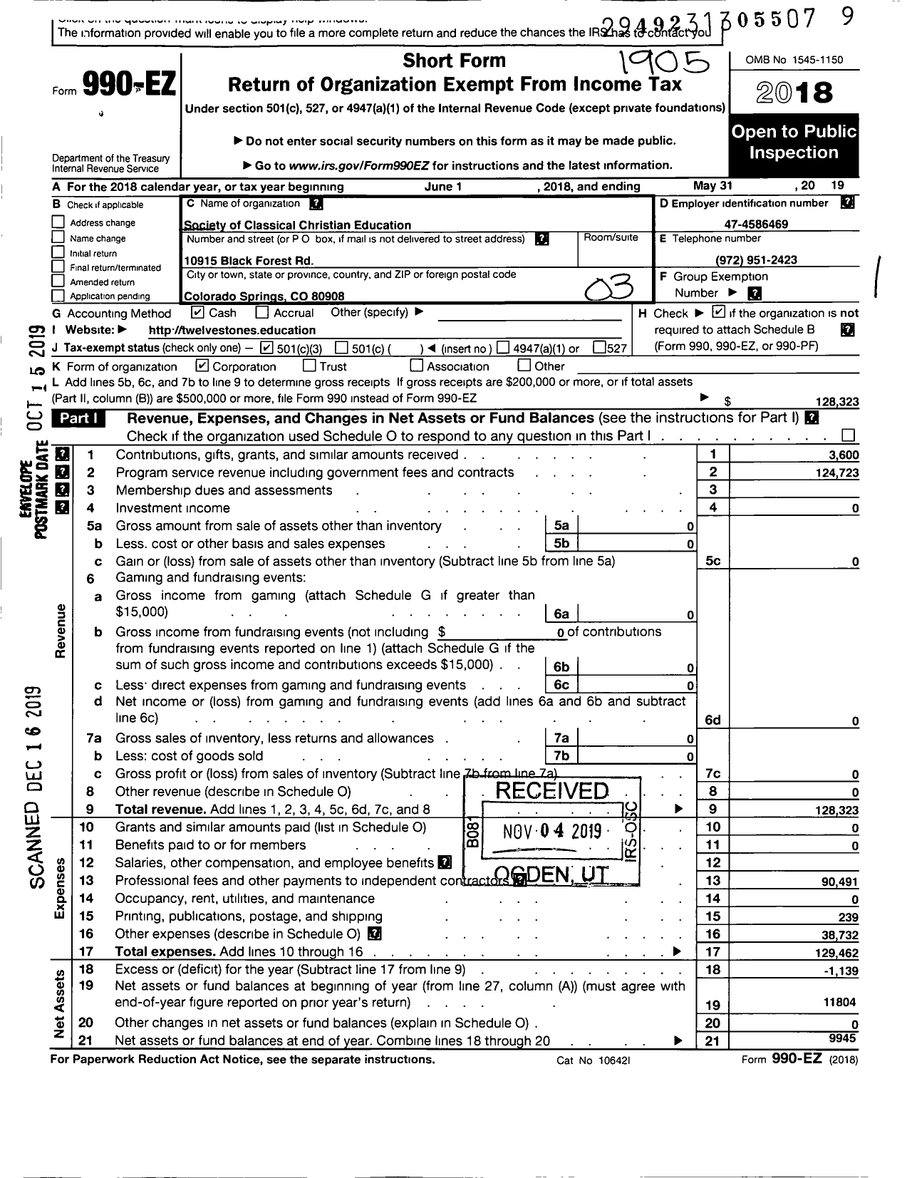 Image of first page of 2018 Form 990EZ for Society of Classical Christian Education