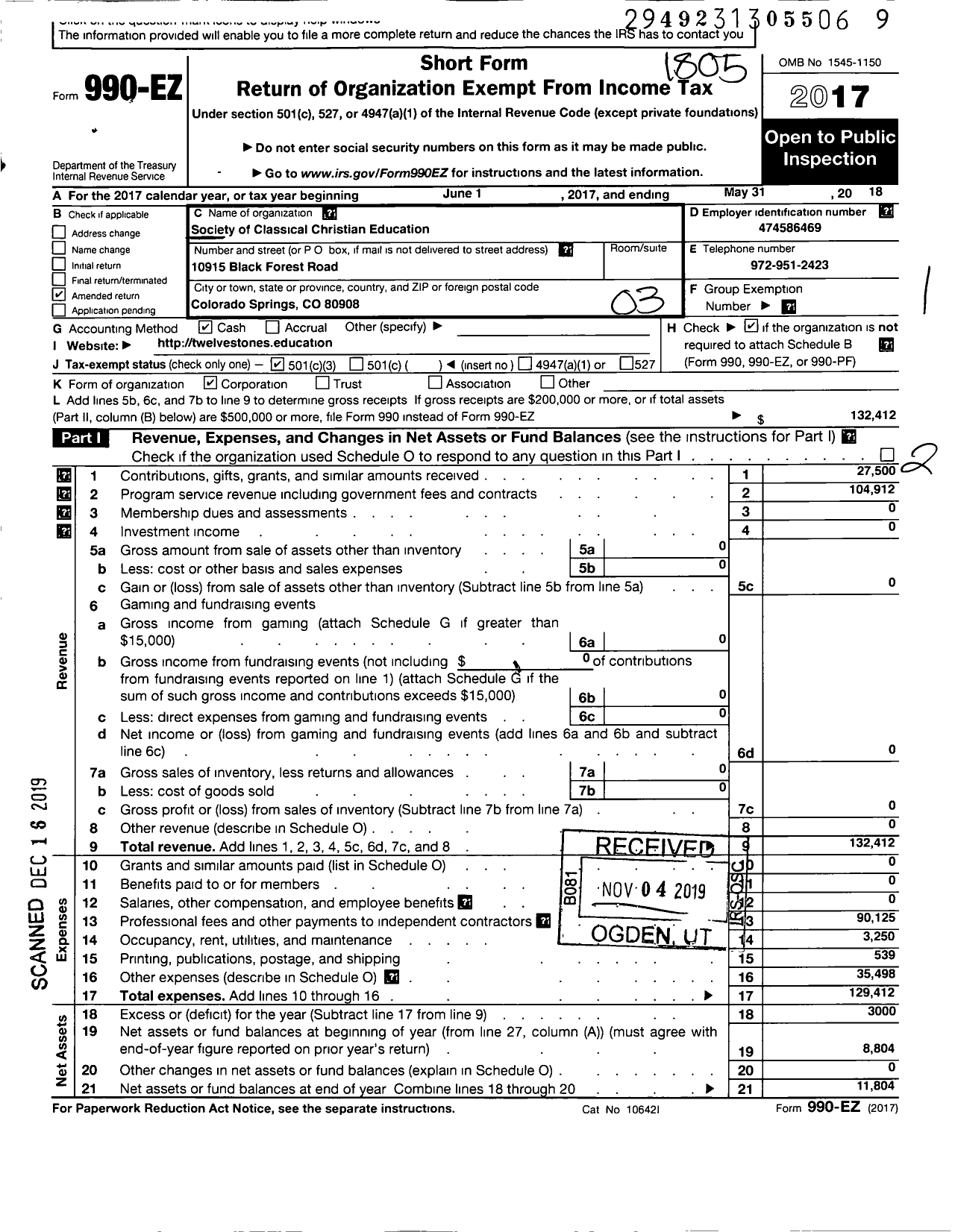 Image of first page of 2017 Form 990EZ for Society of Classical Christian Education