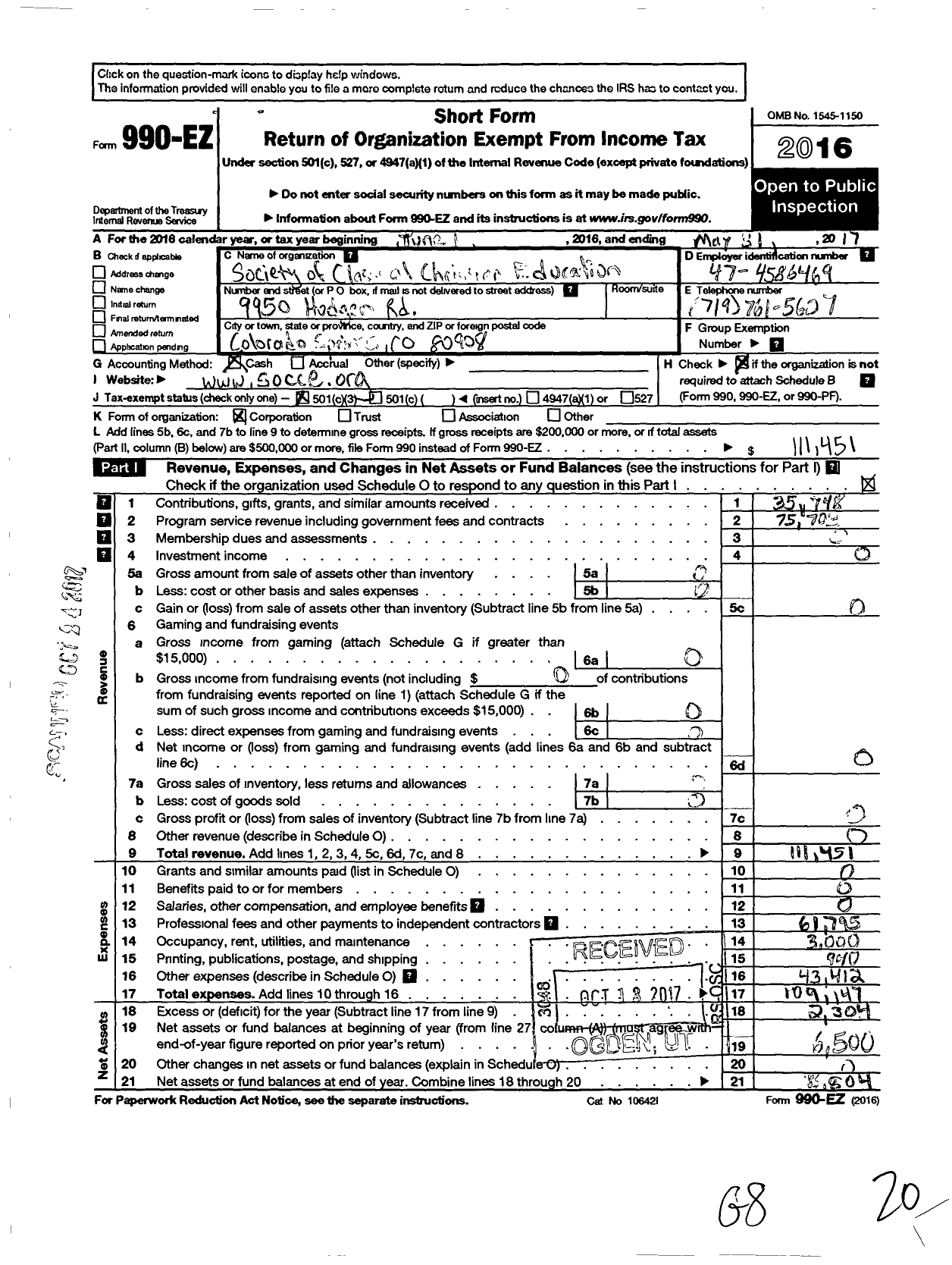 Image of first page of 2016 Form 990EZ for Society of Classical Christian Education