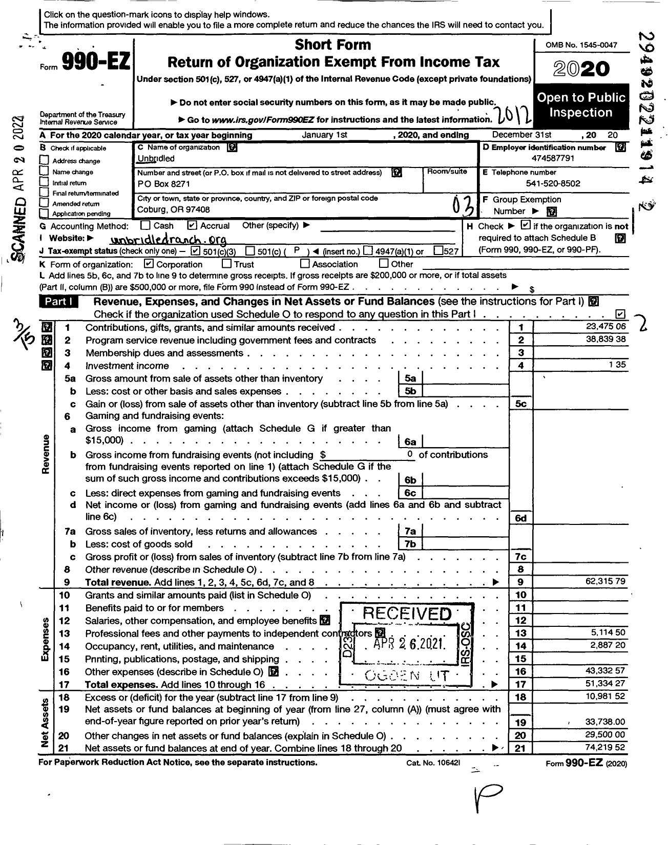 Image of first page of 2020 Form 990EZ for Unbridled