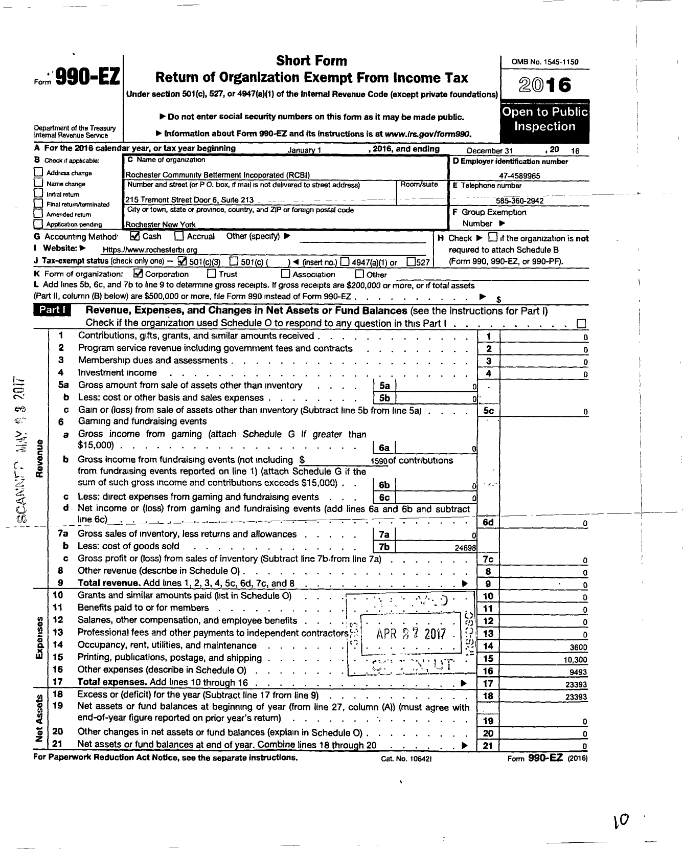 Image of first page of 2016 Form 990EZ for Rochester Community Betterment