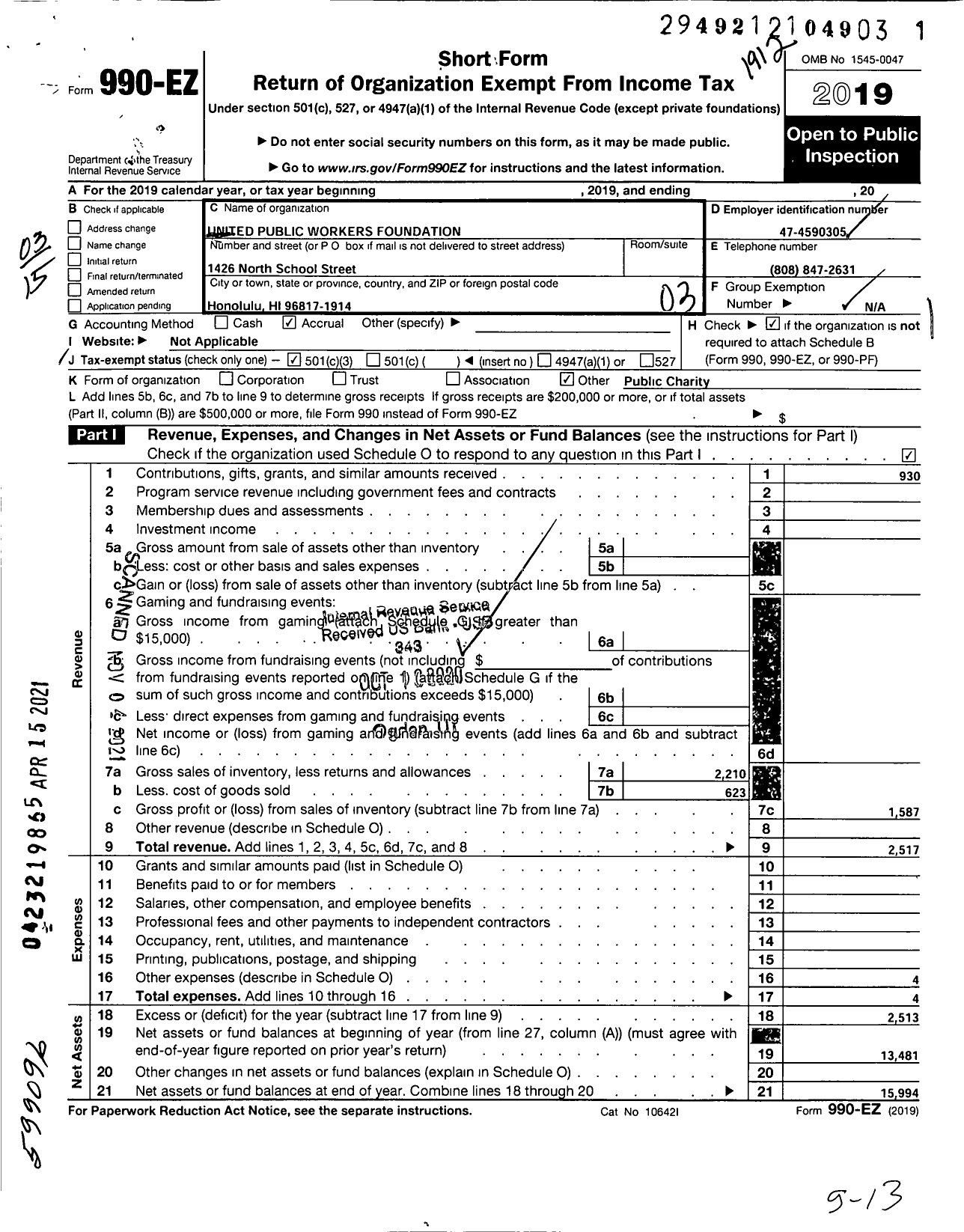 Image of first page of 2019 Form 990EZ for United Public Workers Foundation