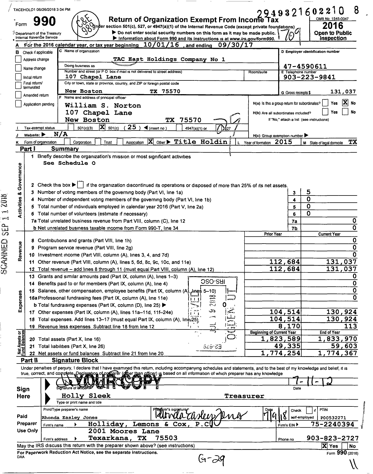Image of first page of 2016 Form 990O for Tac East Holdings Company No 1