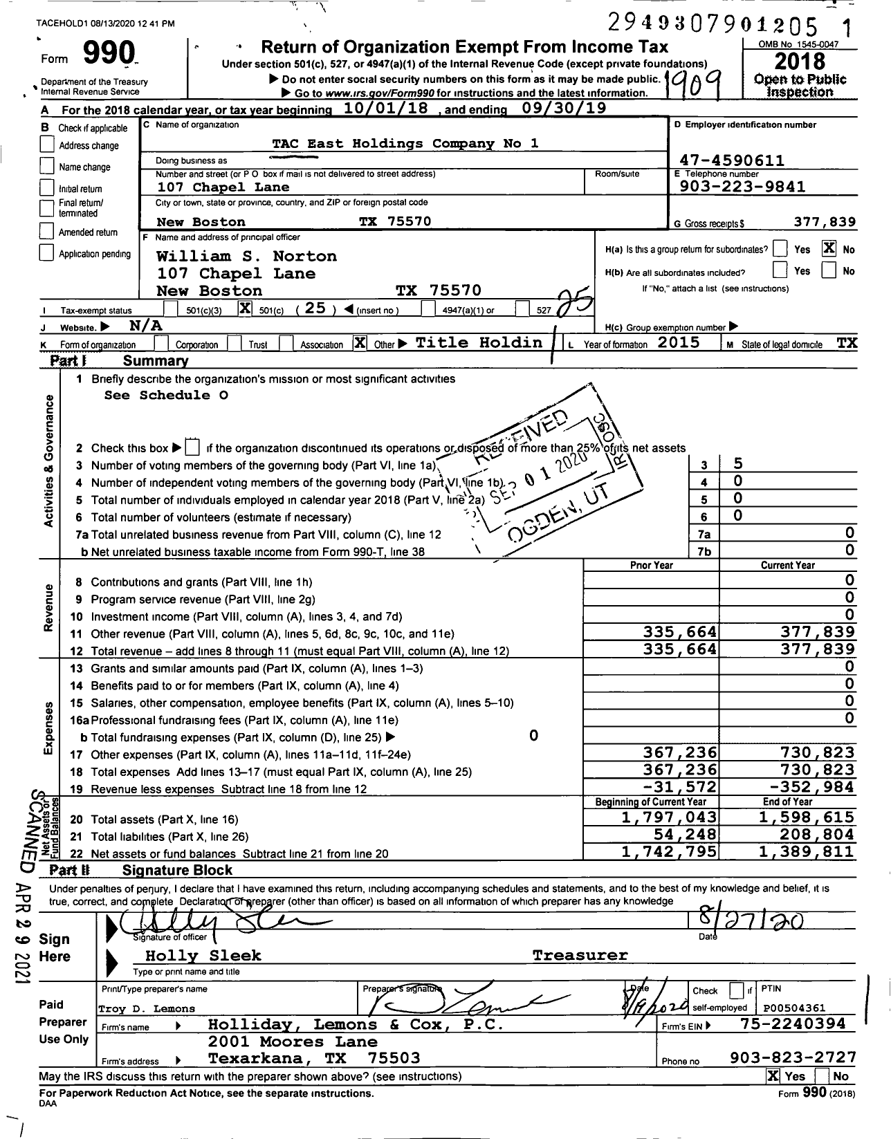 Image of first page of 2018 Form 990O for Tac East Holdings Company No 1