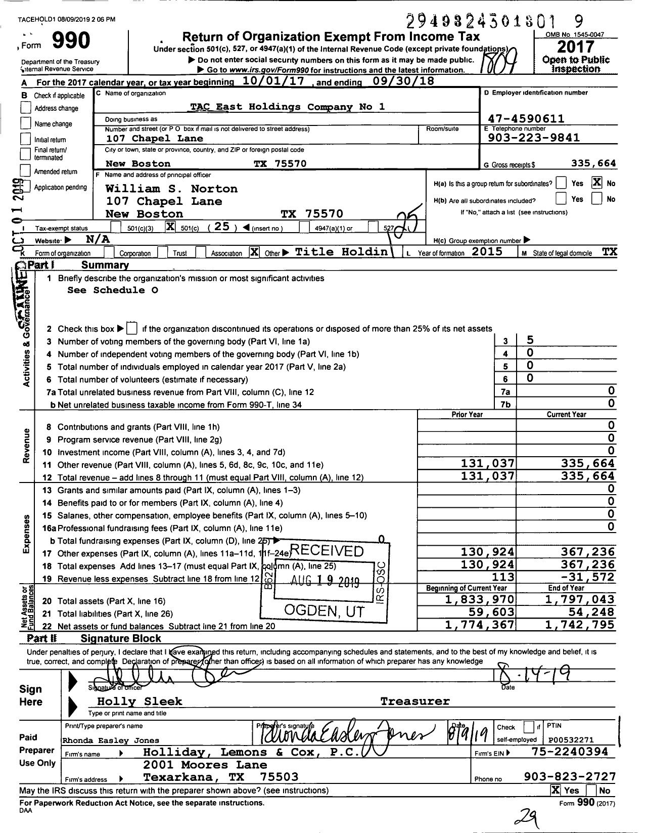 Image of first page of 2017 Form 990O for Tac East Holdings Company No 1
