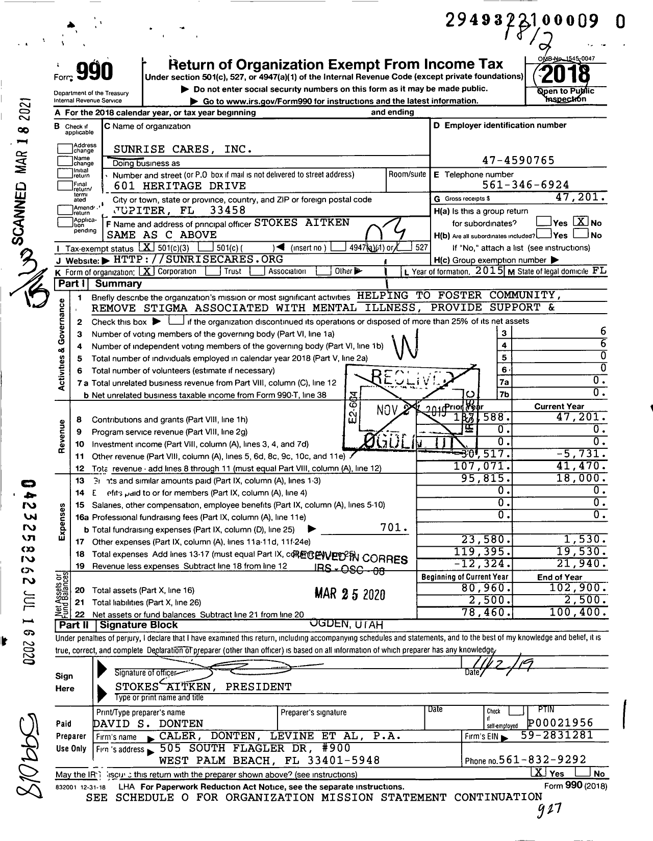 Image of first page of 2018 Form 990 for Sunrise Cares