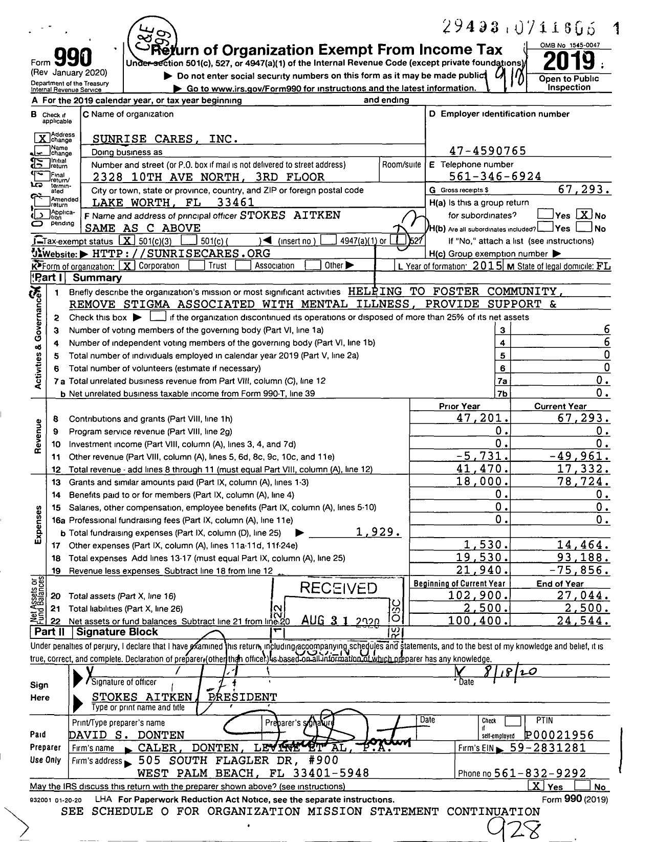 Image of first page of 2019 Form 990 for Sunrise Cares