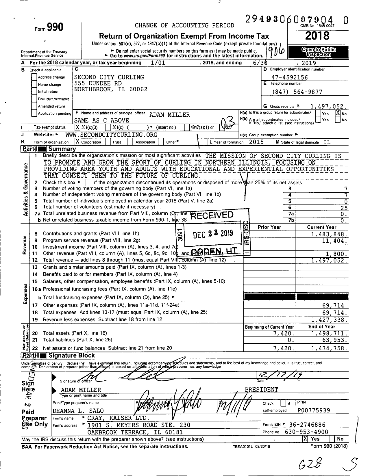 Image of first page of 2018 Form 990 for Second City Curling