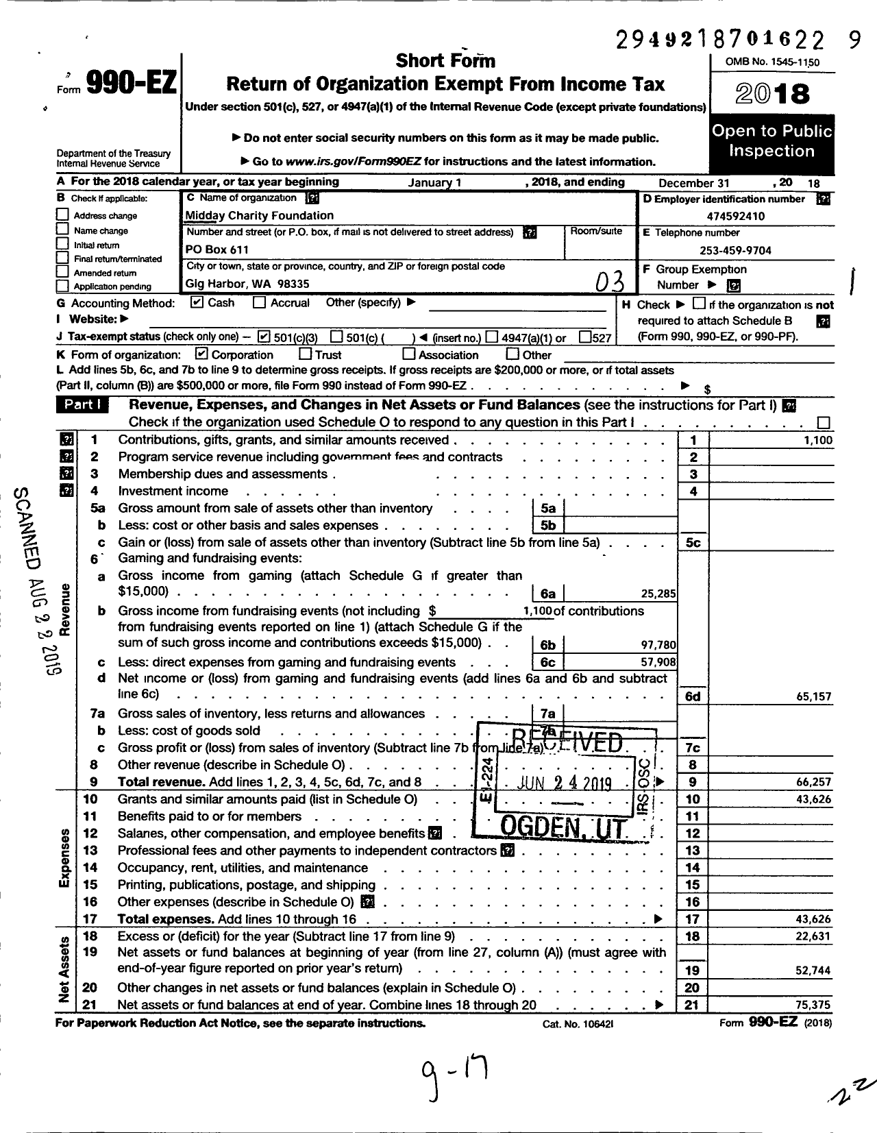 Image of first page of 2018 Form 990EZ for Midday Charity Foundation