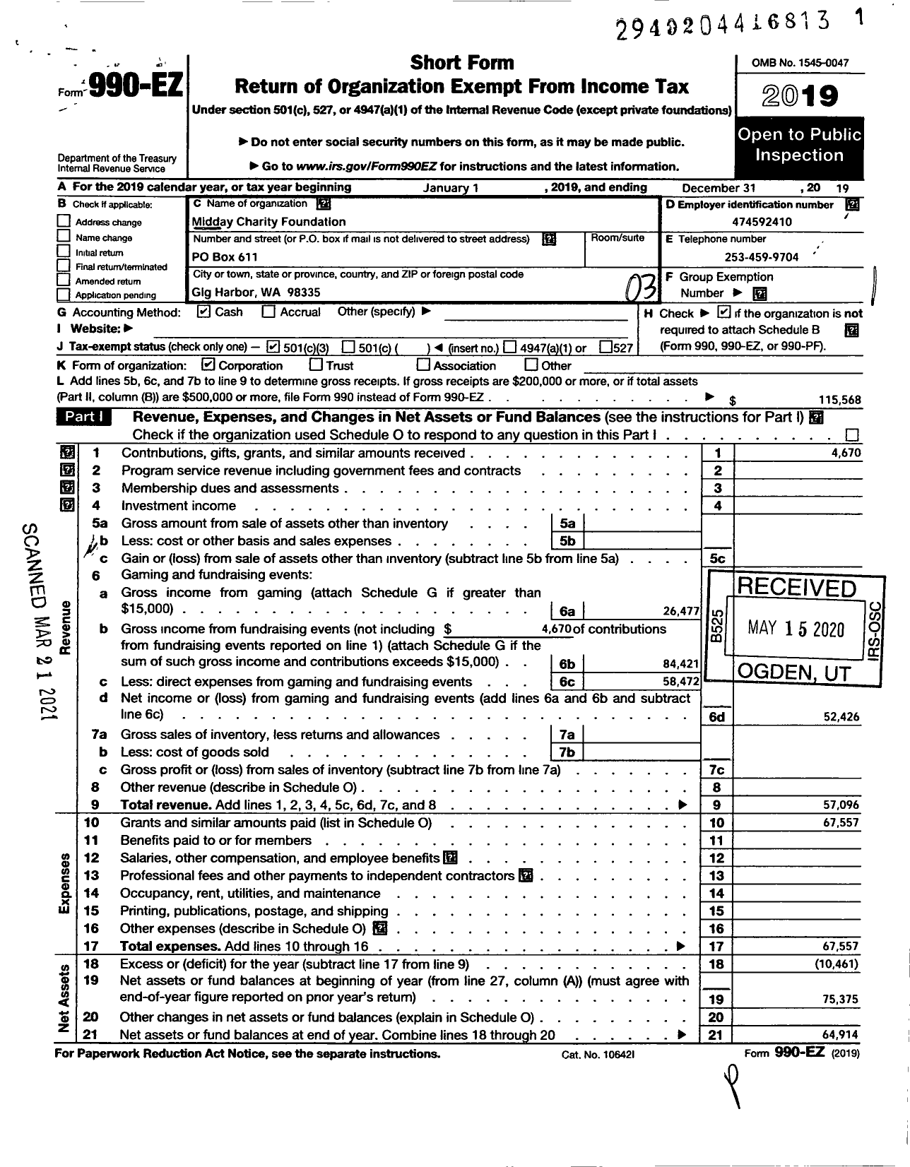 Image of first page of 2019 Form 990EZ for Midday Charity Foundation