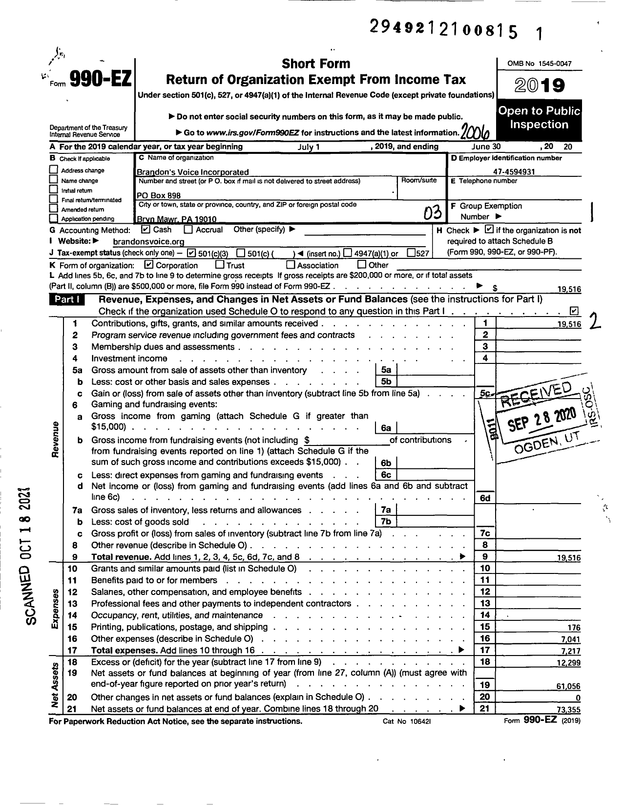 Image of first page of 2019 Form 990EZ for Brandons Voice