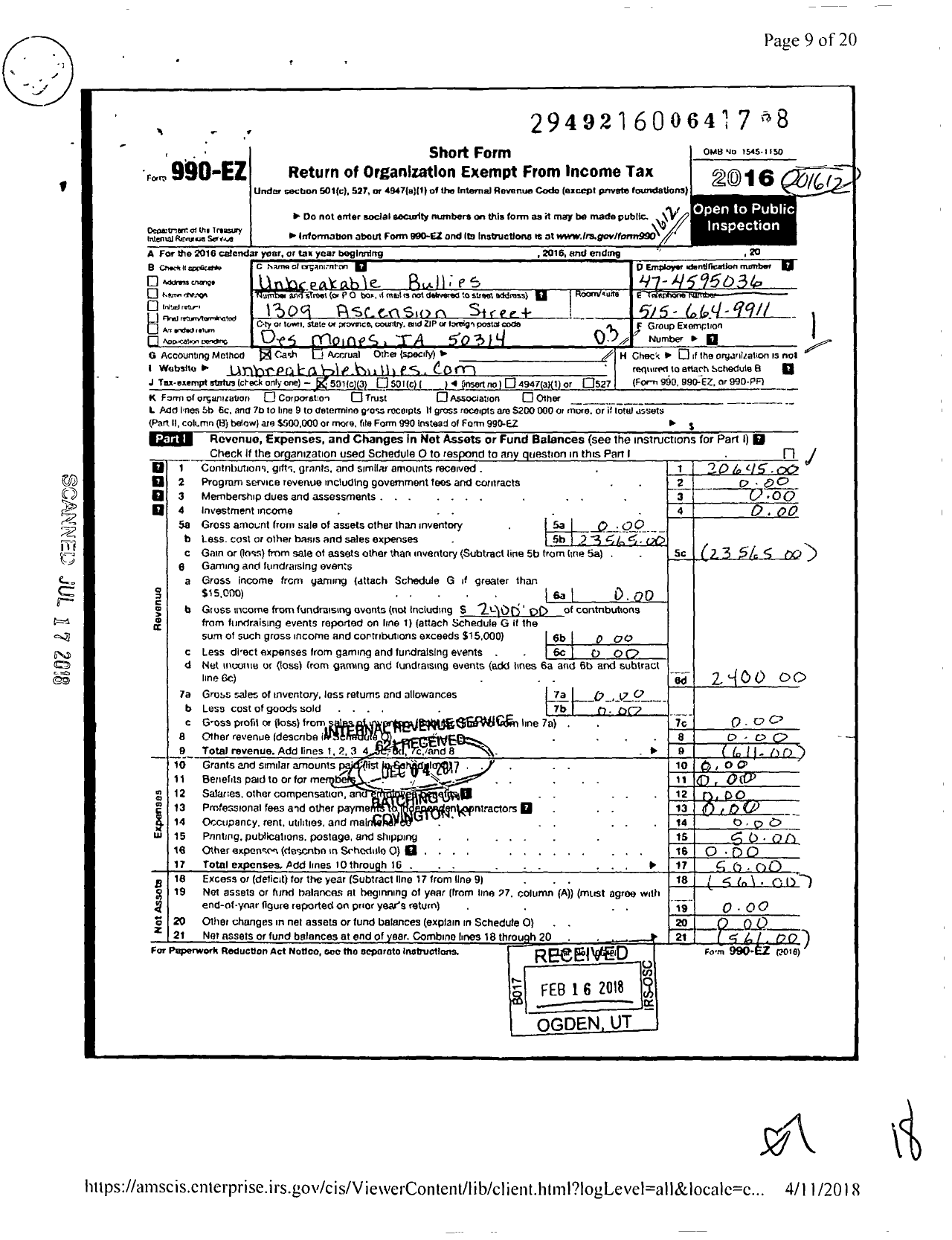 Image of first page of 2016 Form 990EZ for Unbreakable Bullies