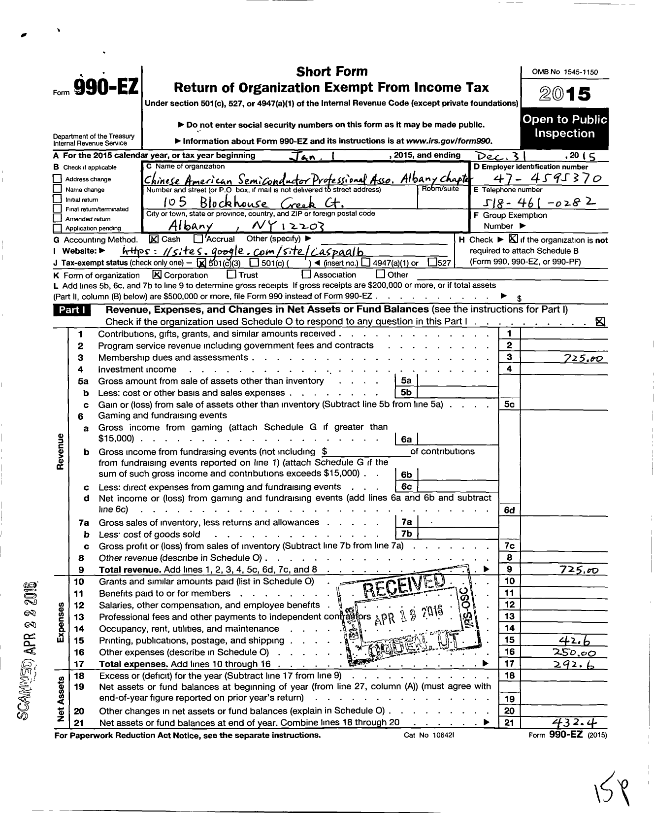 Image of first page of 2015 Form 990EZ for Chinese American Semiconductor Professional Association Albany