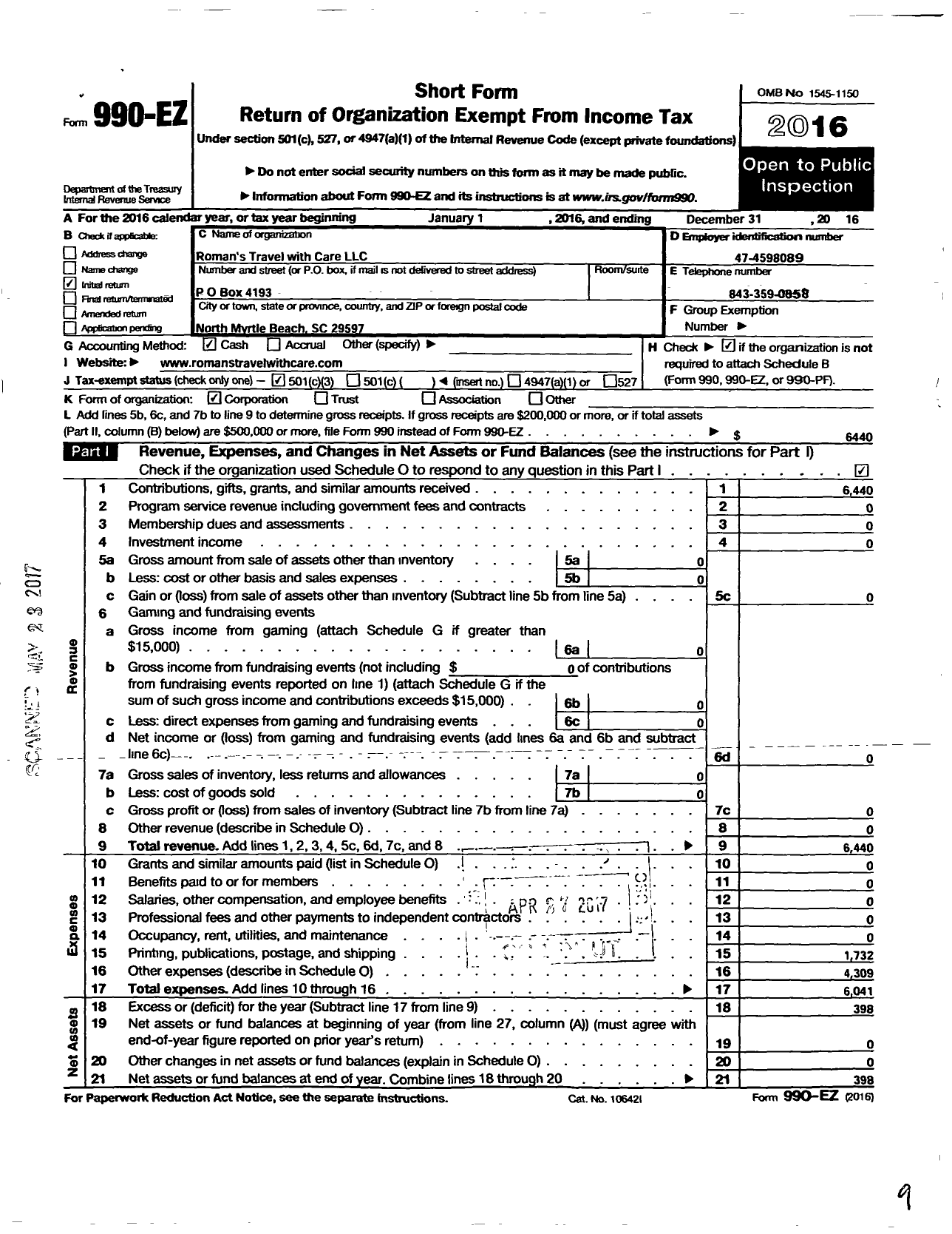 Image of first page of 2016 Form 990EZ for Roman S Travel with Care