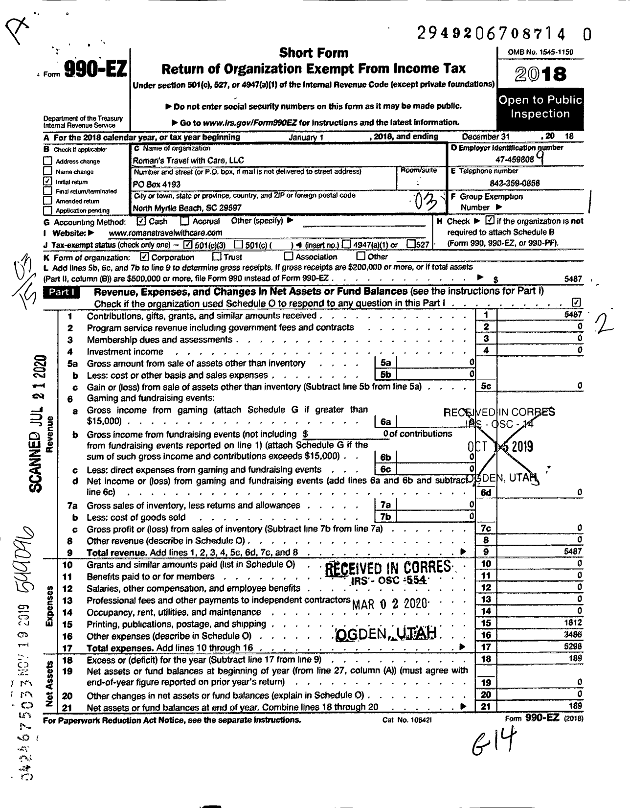 Image of first page of 2018 Form 990EZ for Roman S Travel with Care