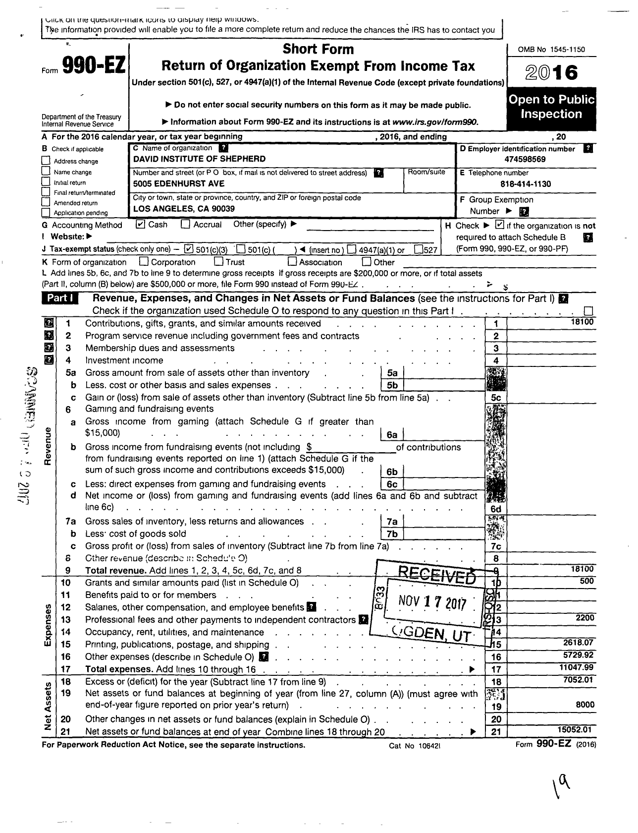 Image of first page of 2016 Form 990EZ for David Institute of Shepherd