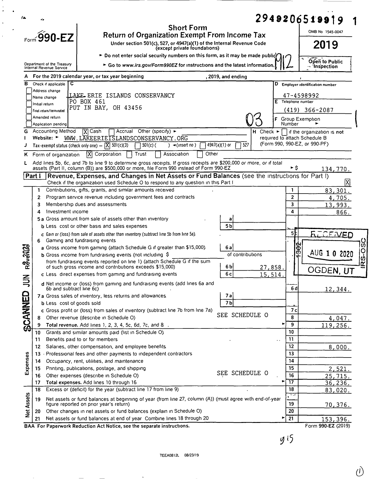 Image of first page of 2019 Form 990EZ for Lake Erie Islands Conservancy