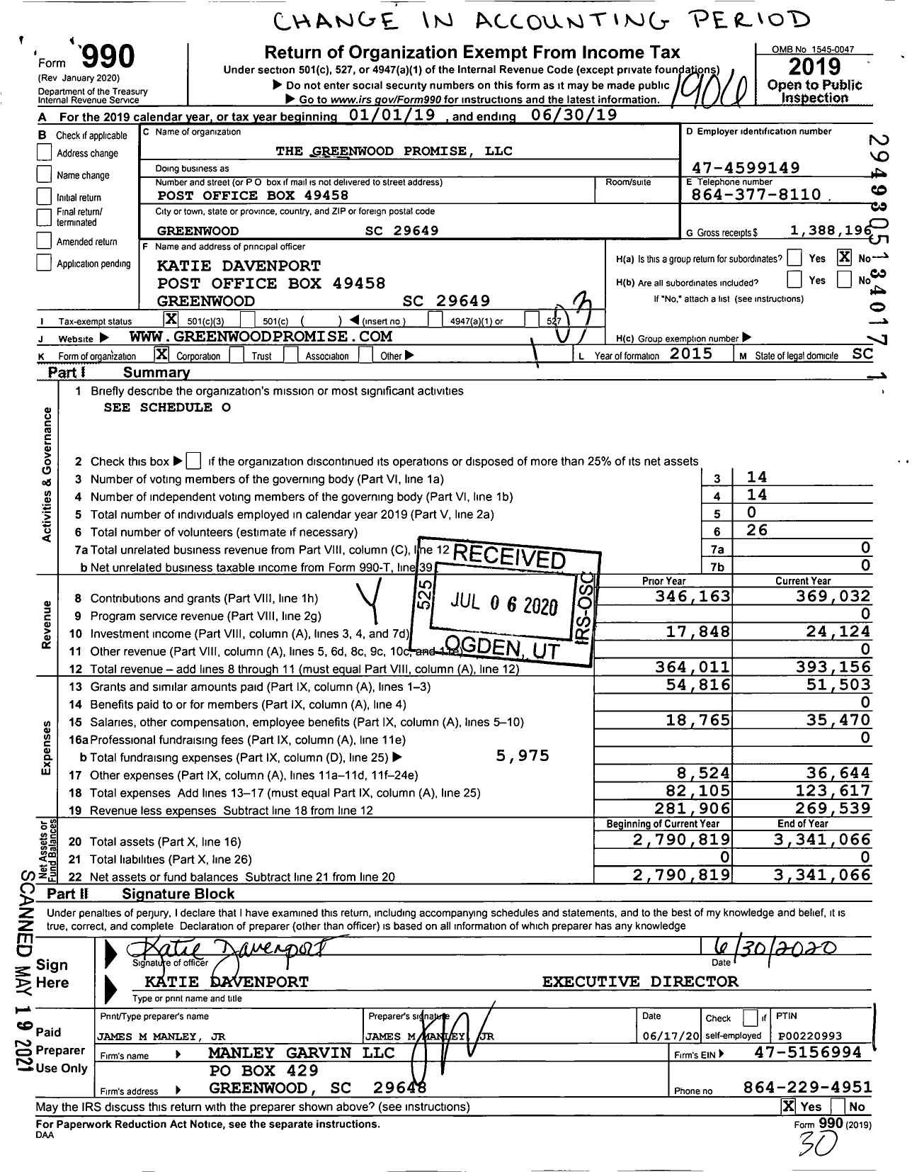 Image of first page of 2018 Form 990 for The Greenwood Promise LLC