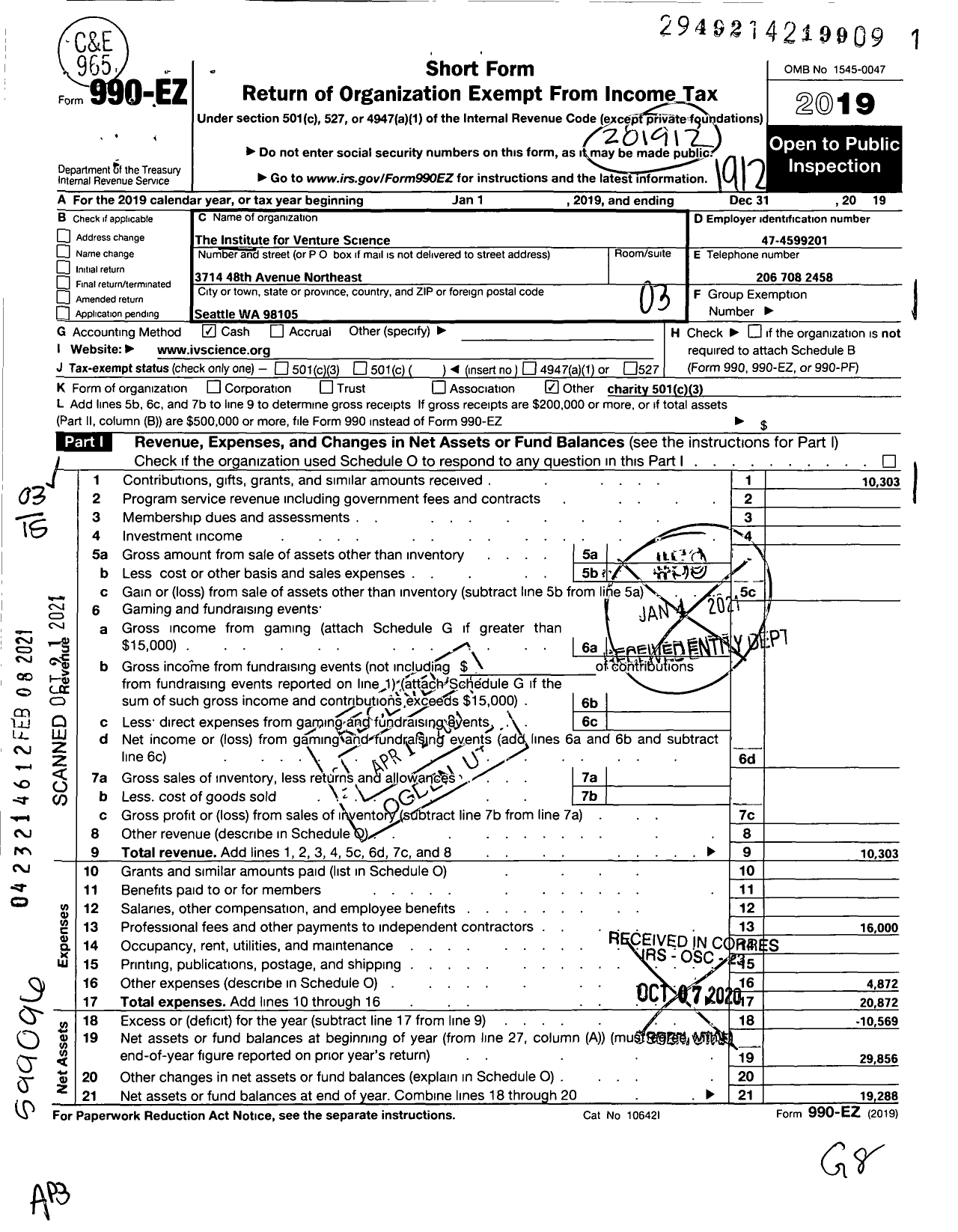 Image of first page of 2019 Form 990EZ for The Institute of Venture Science