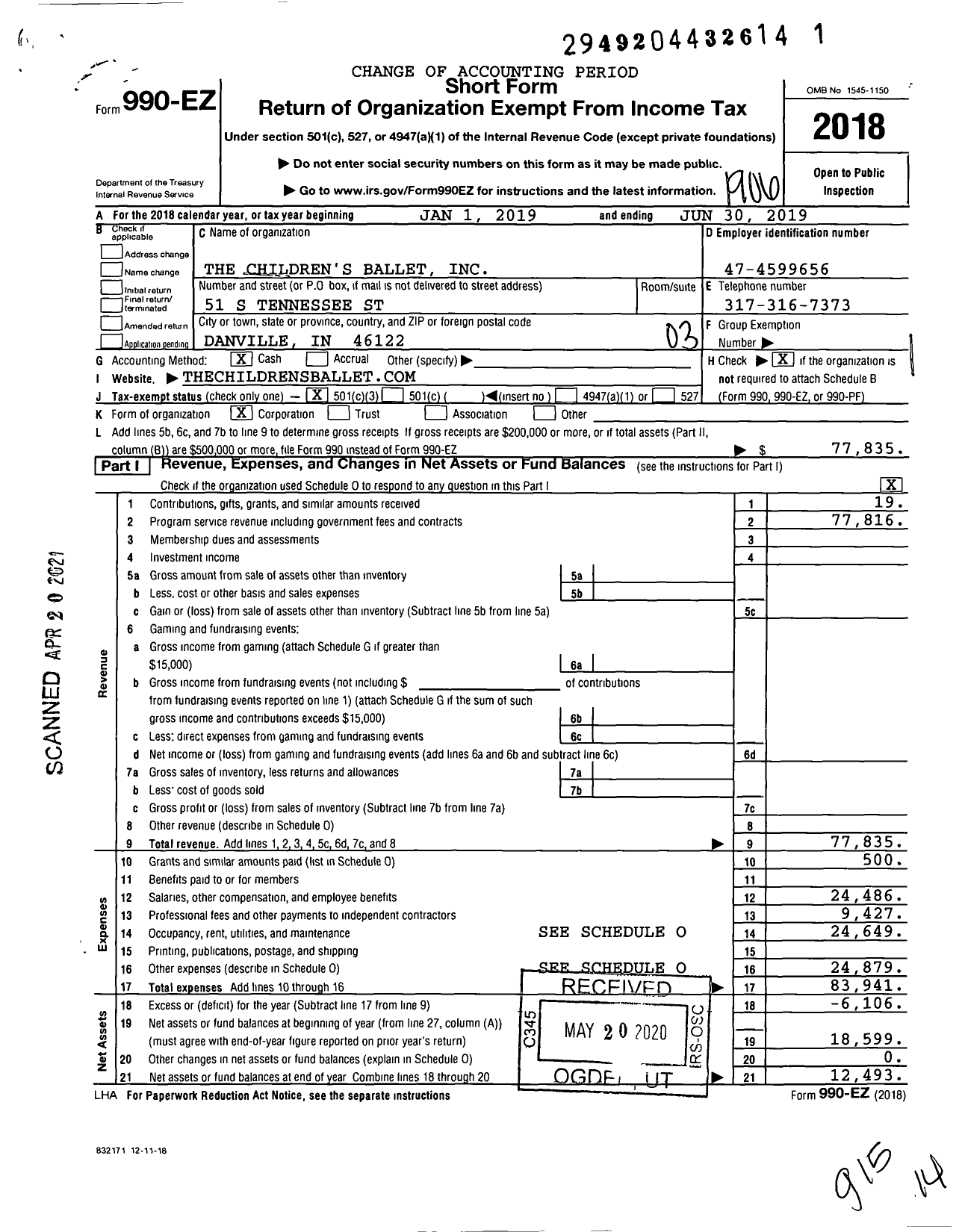 Image of first page of 2018 Form 990EZ for The Children's Ballet