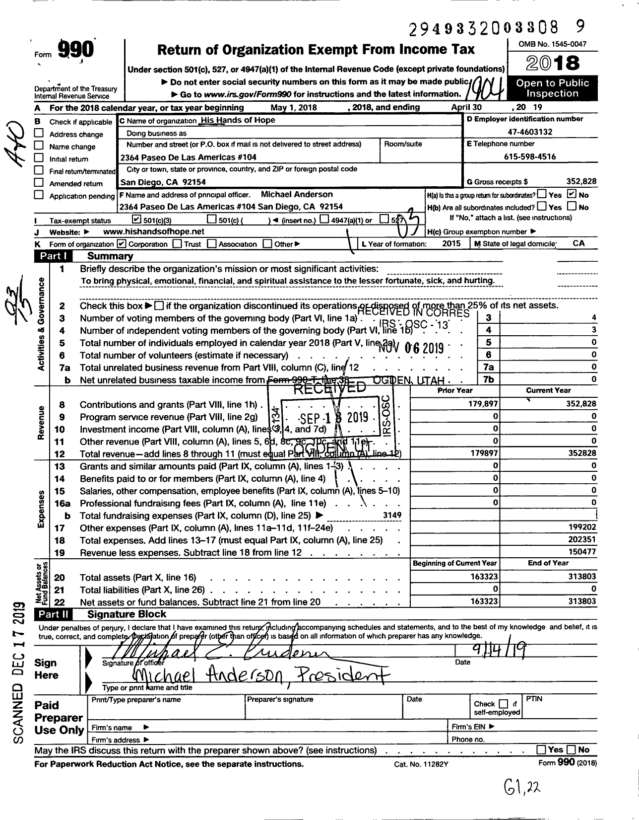 Image of first page of 2018 Form 990 for His Hands of Hope