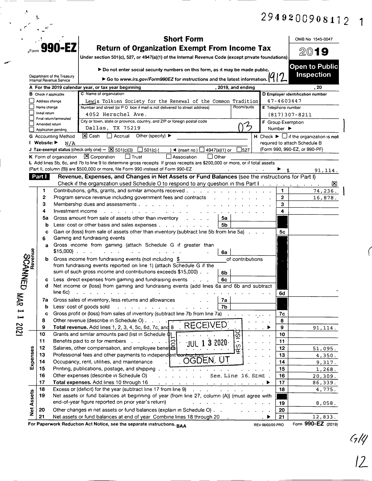 Image of first page of 2019 Form 990EZ for Lewis Tolkien Society for the Renewal of the Common Tradition