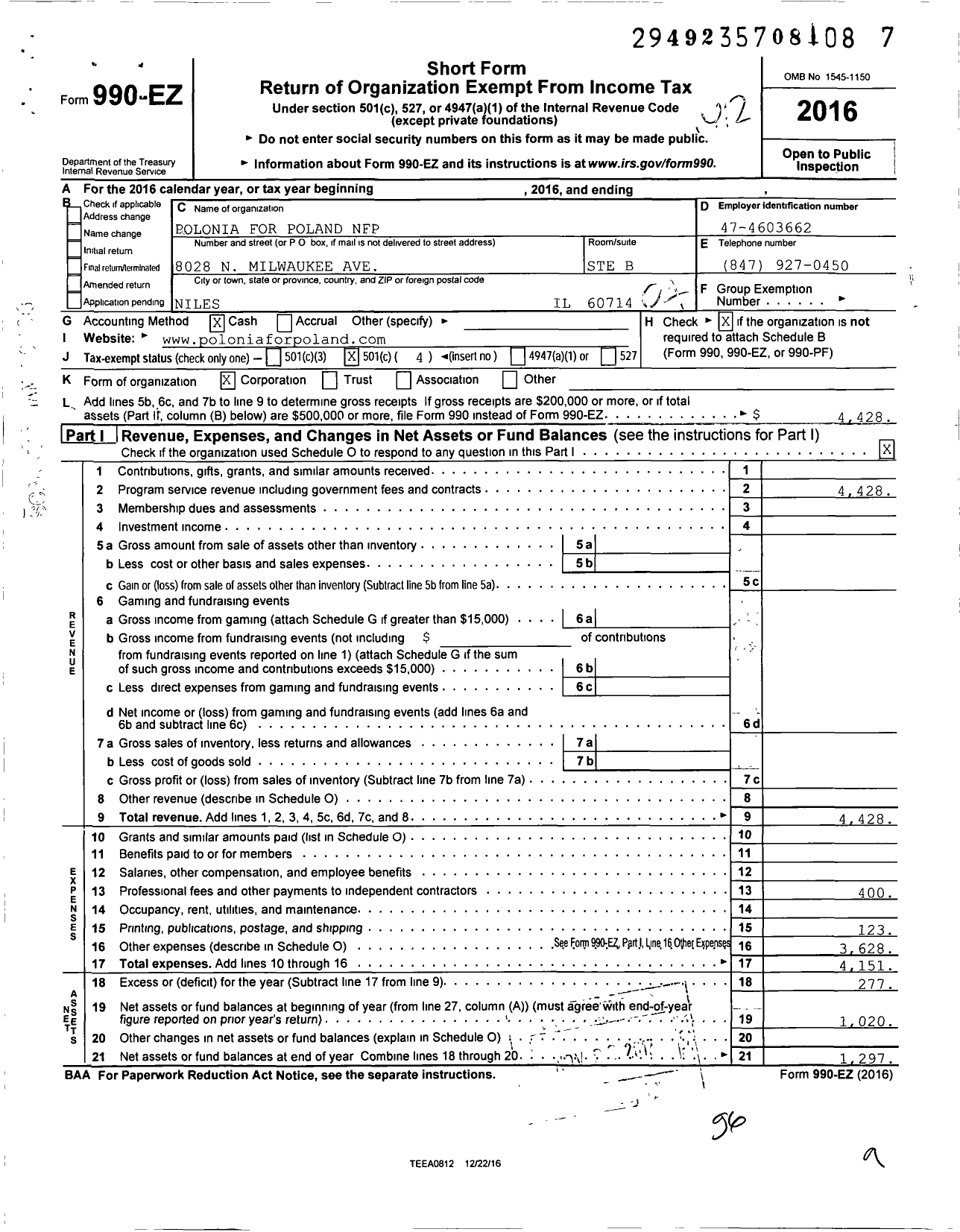 Image of first page of 2016 Form 990EO for Polonia for Poland NFP